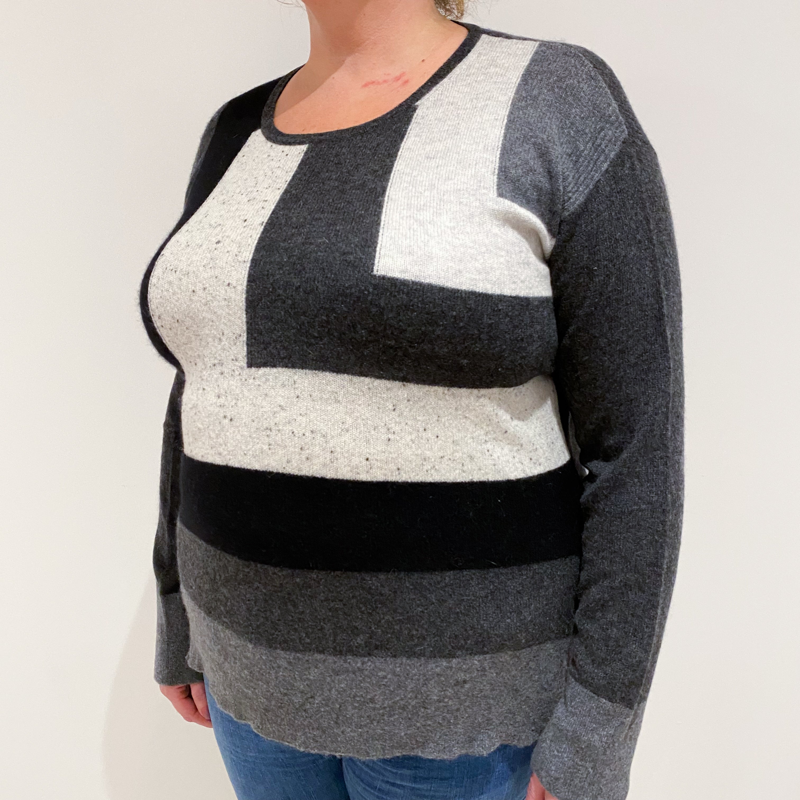 Grey Colour Block Cashmere Crew Neck Jumper Extra Large