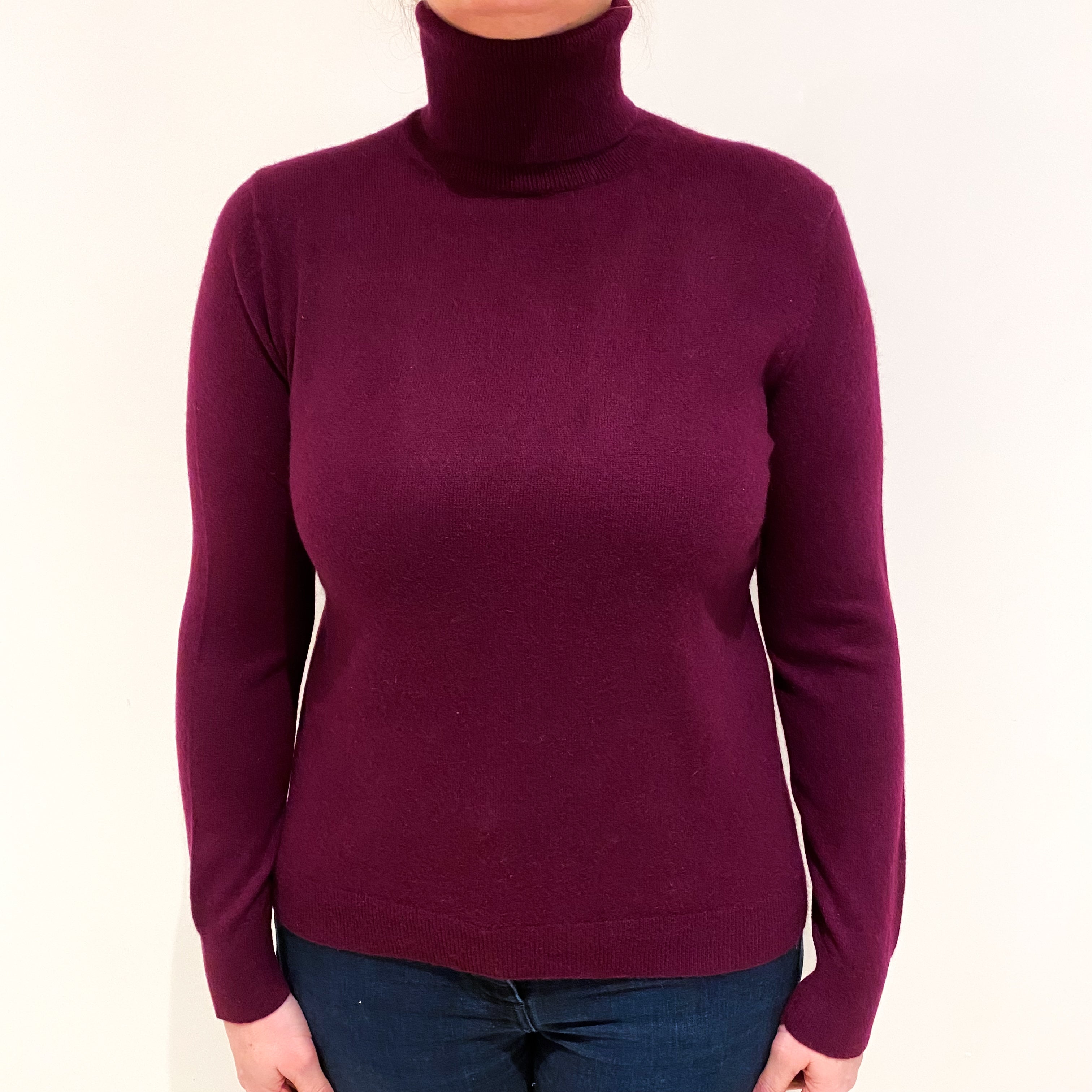 Aubergine Purple Cashmere Polo Neck Jumper Large