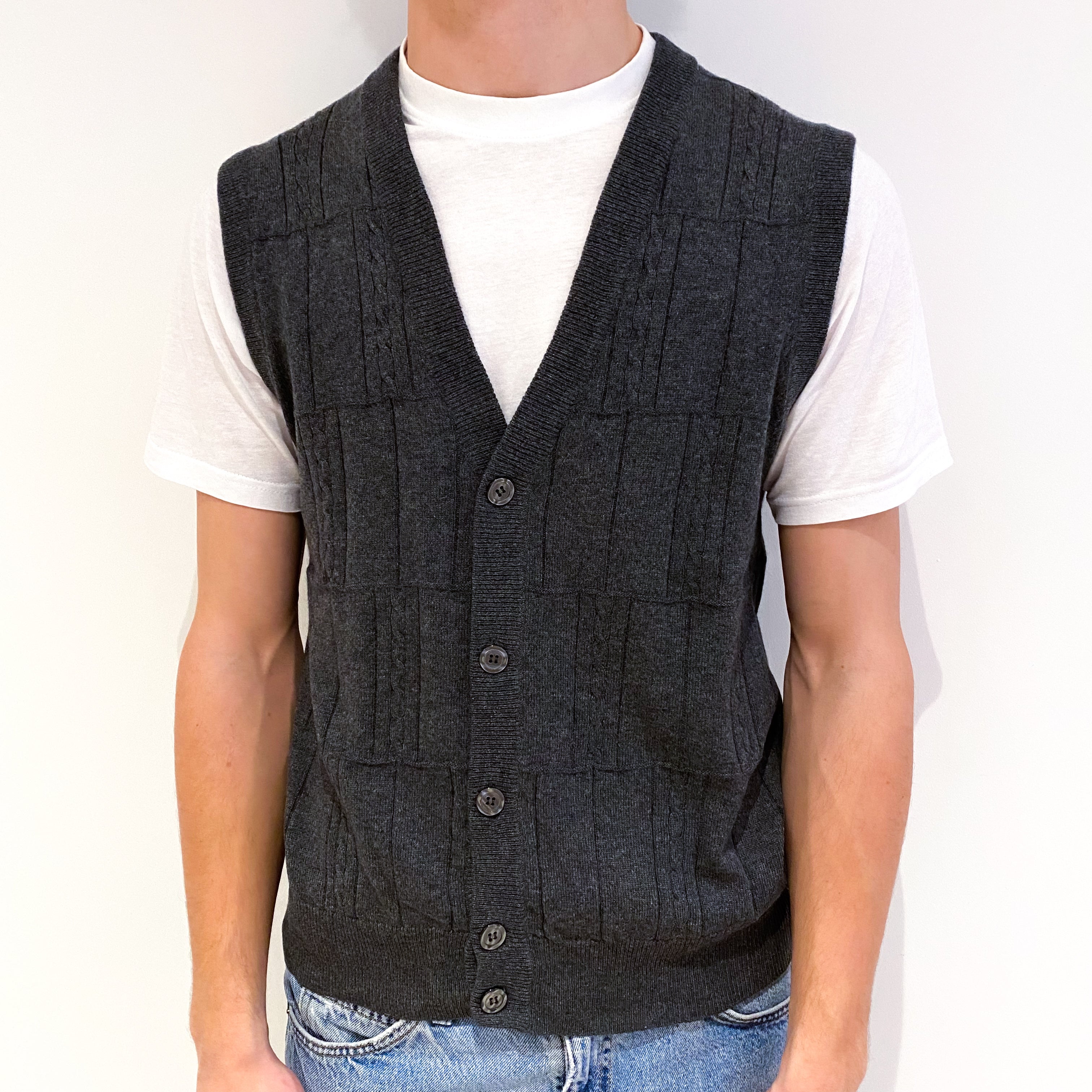 Men's Slate Grey Cashmere Sleeveless V-Neck Cardigan Medium