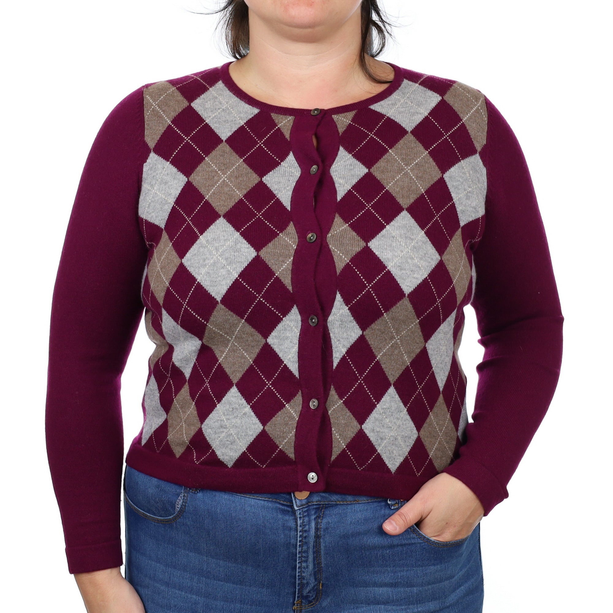 Mulberry Purple Argyle Cashmere Crew Neck Cardigan Large
