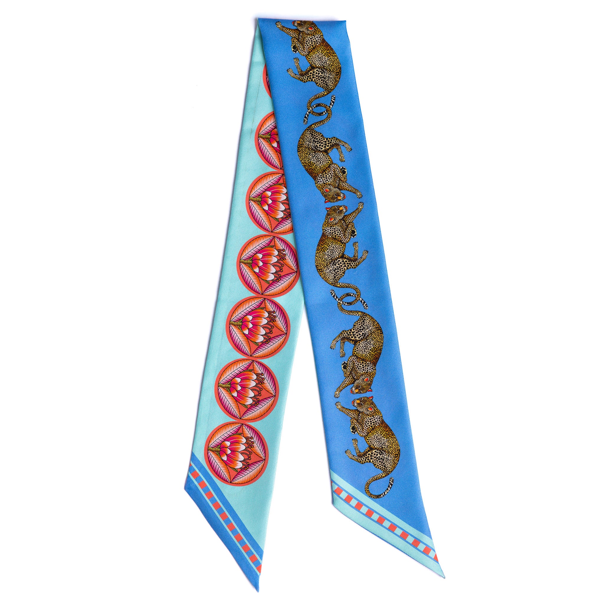 Brand New Bellezza Two Tone Blue Leopard Tropical Double Faced Silk Twilly