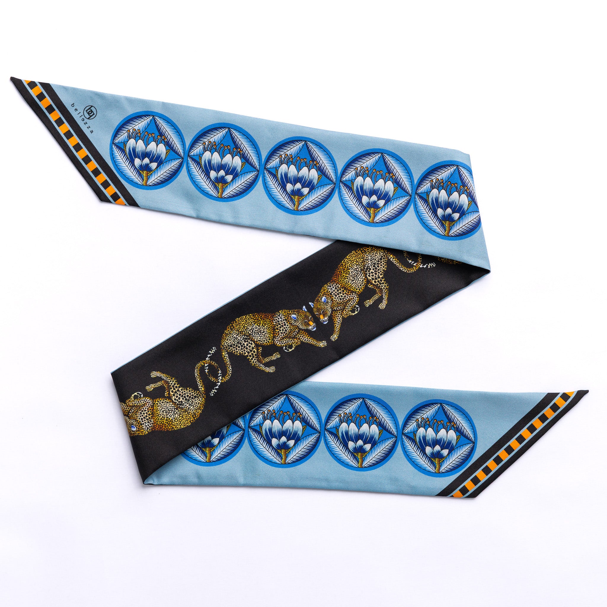 Brand New Bellezza Black & Blue Leopard Tropical Double Faced Silk Twilly