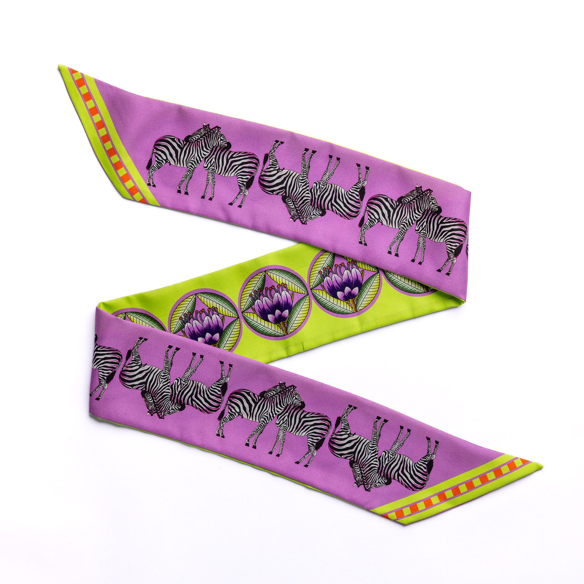 Brand New Bellezza Purple & Lime Zebra Tropical Double Faced Silk Twilly & Scarf Ring