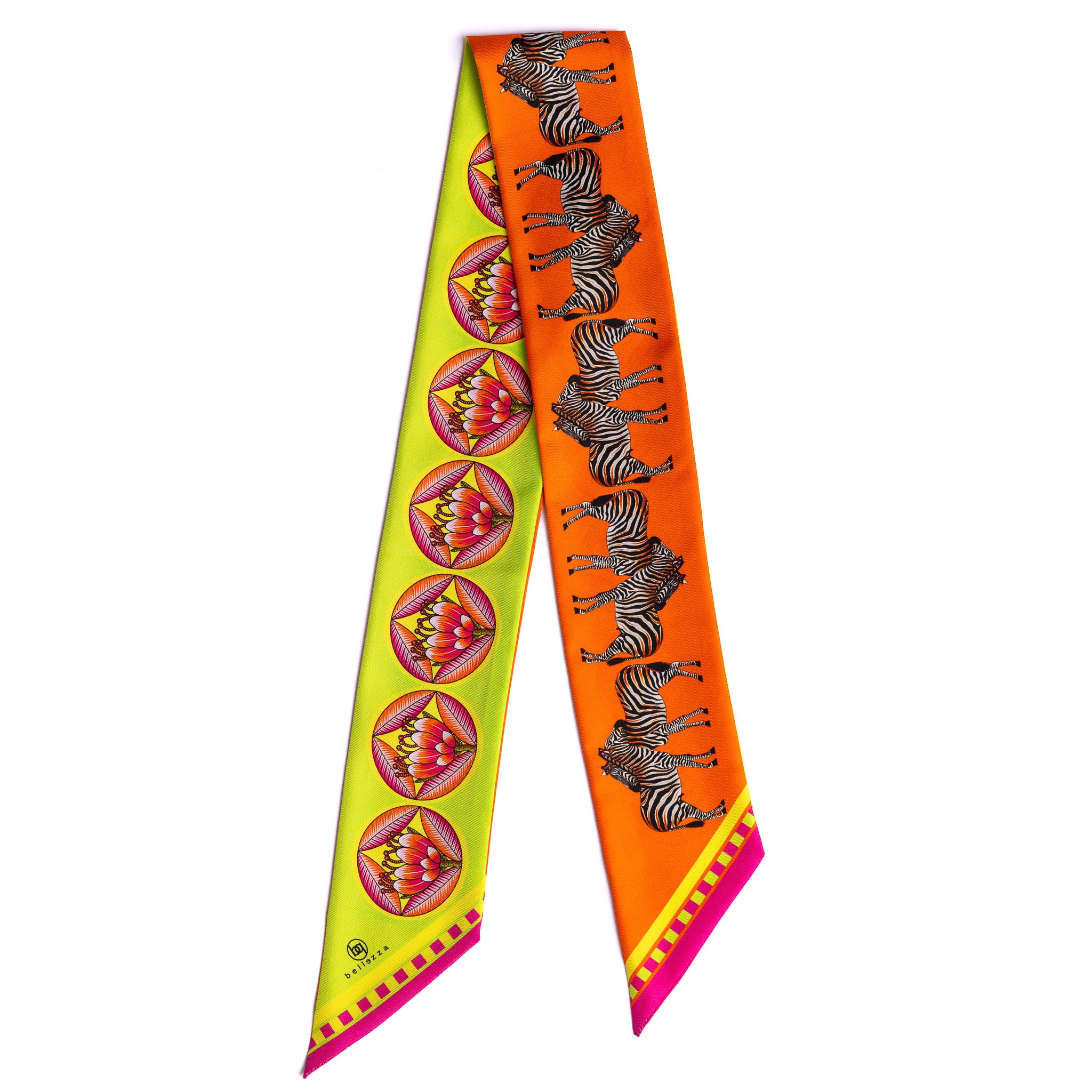 Brand New Bellezza Orange & Lime Zebra Tropical Double Faced Silk Twilly