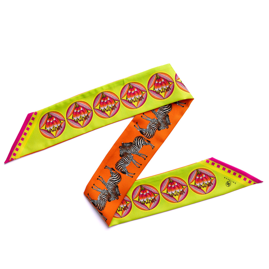 Brand New Bellezza Orange & Lime Zebra Tropical Double Faced Silk Twilly