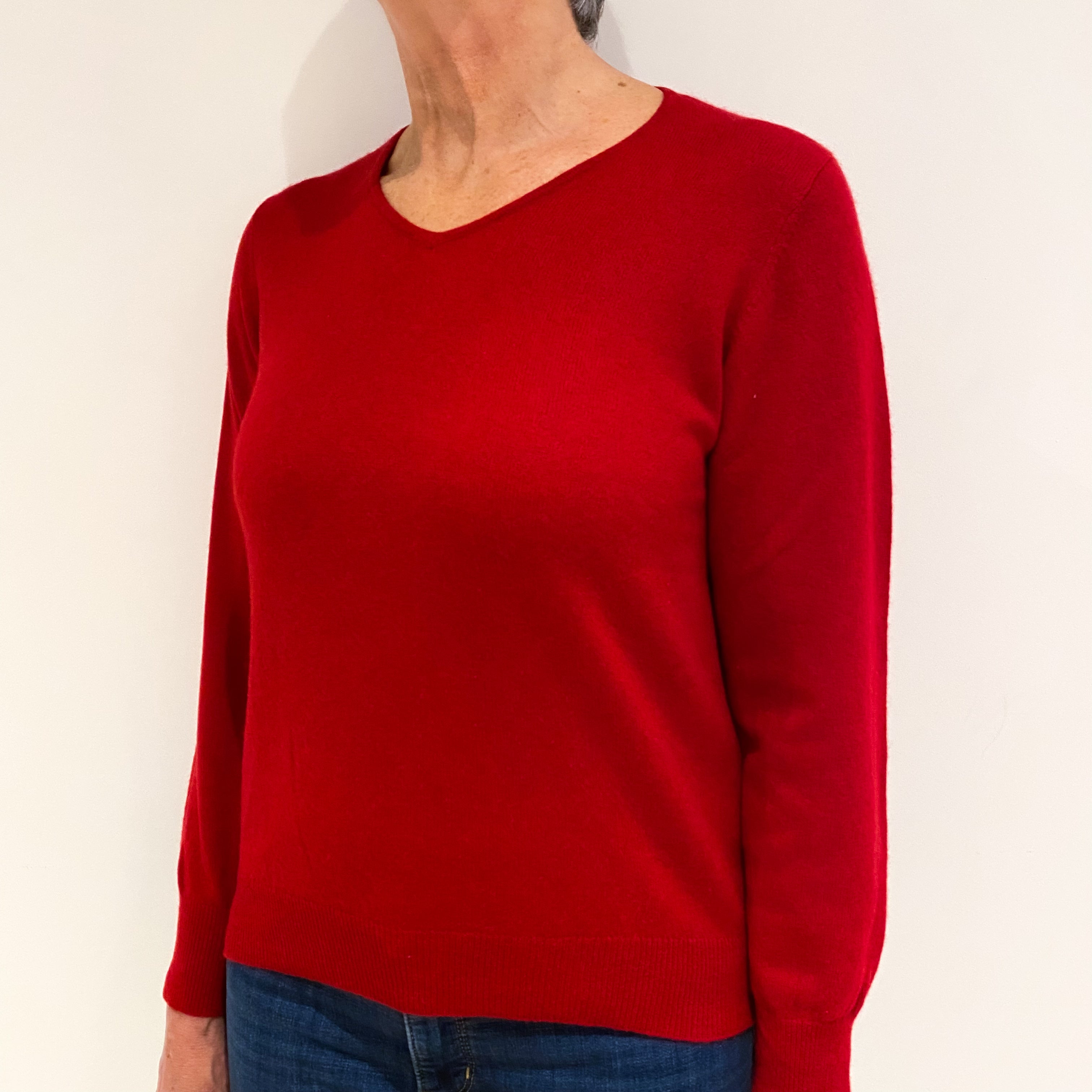 Post Box Red Cashmere V Neck Jumper Medium