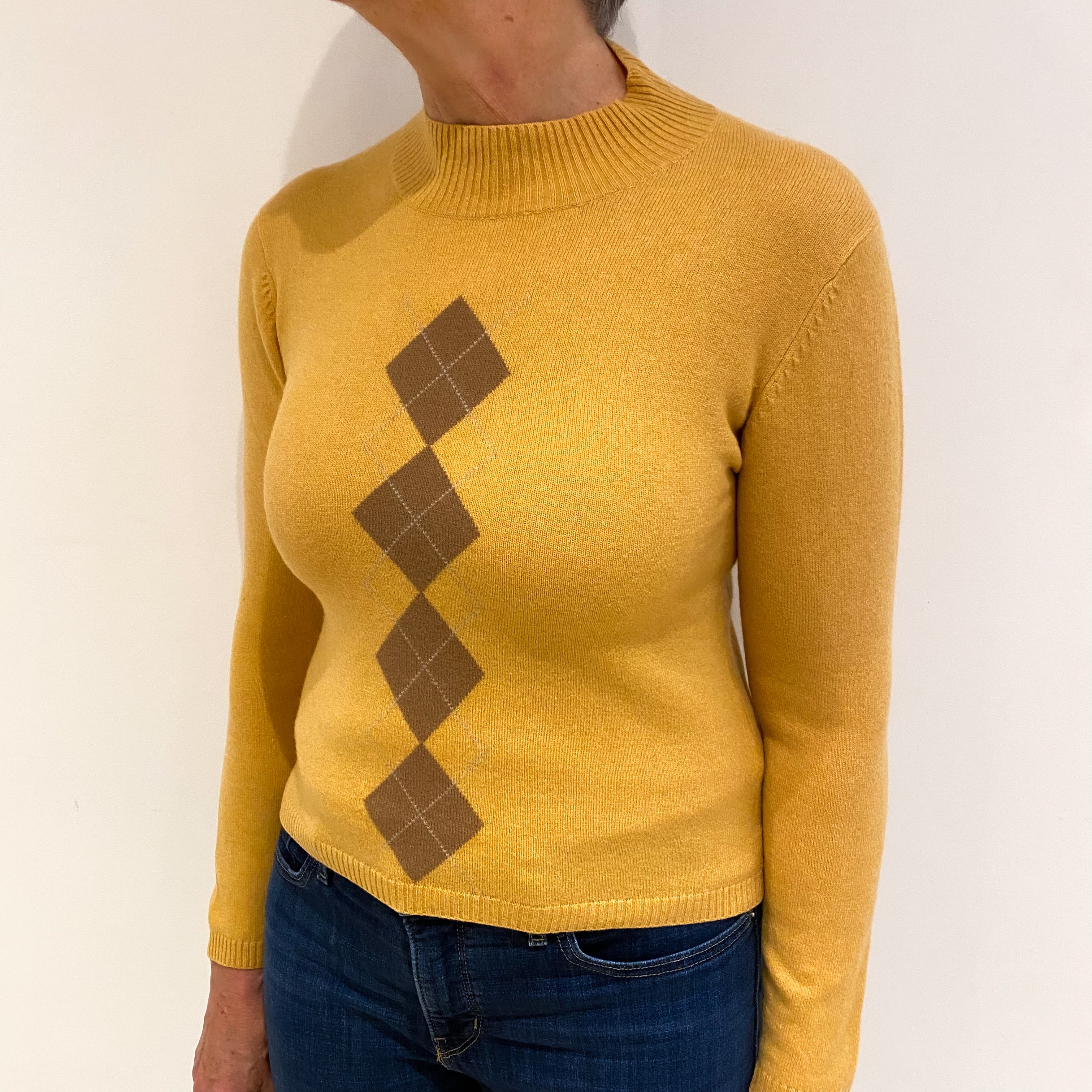 Caramel Brown With Diamond Pattern Cashmere Turtle Neck Jumper Medium