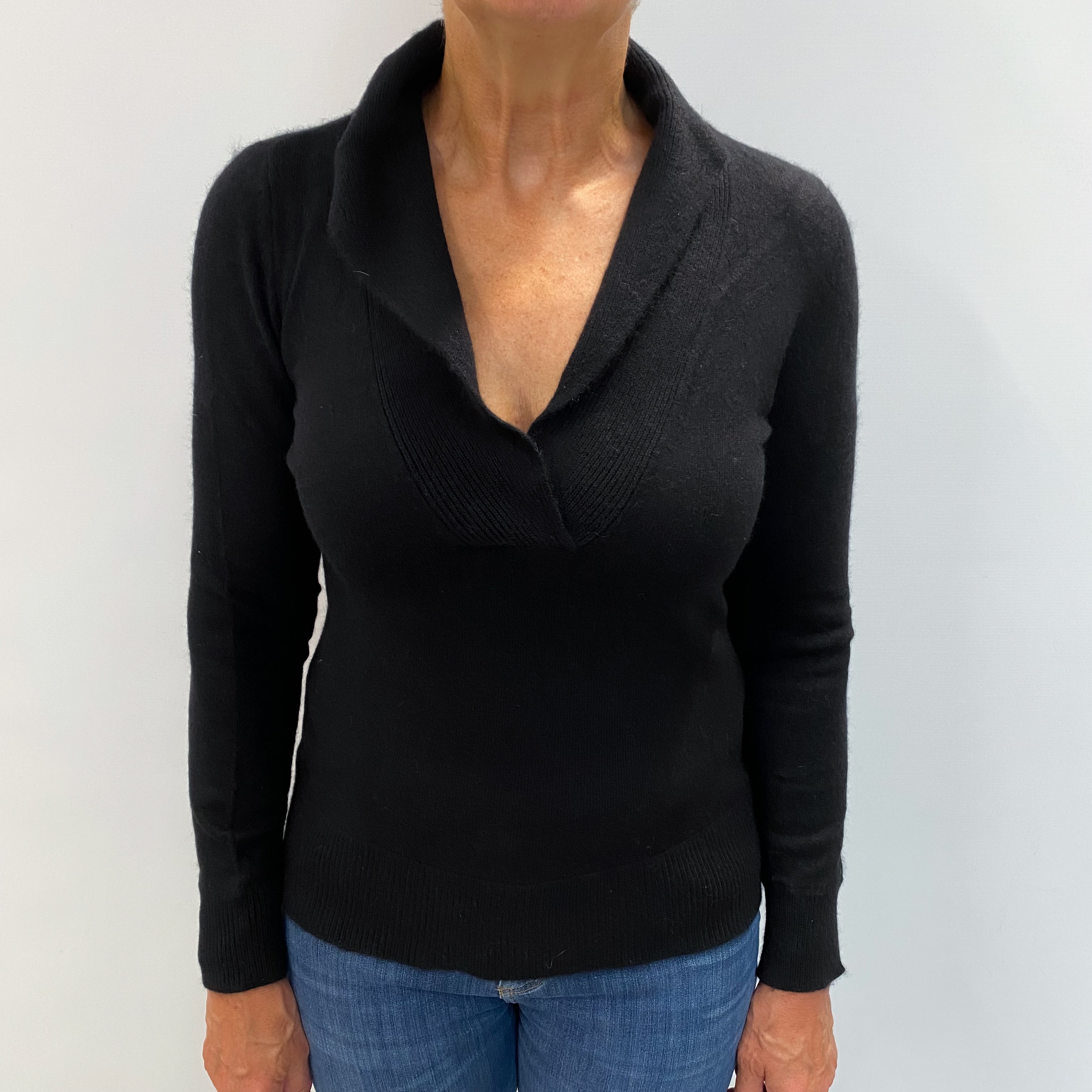 Black Cashmere Shawl Collar V Neck Jumper Medium