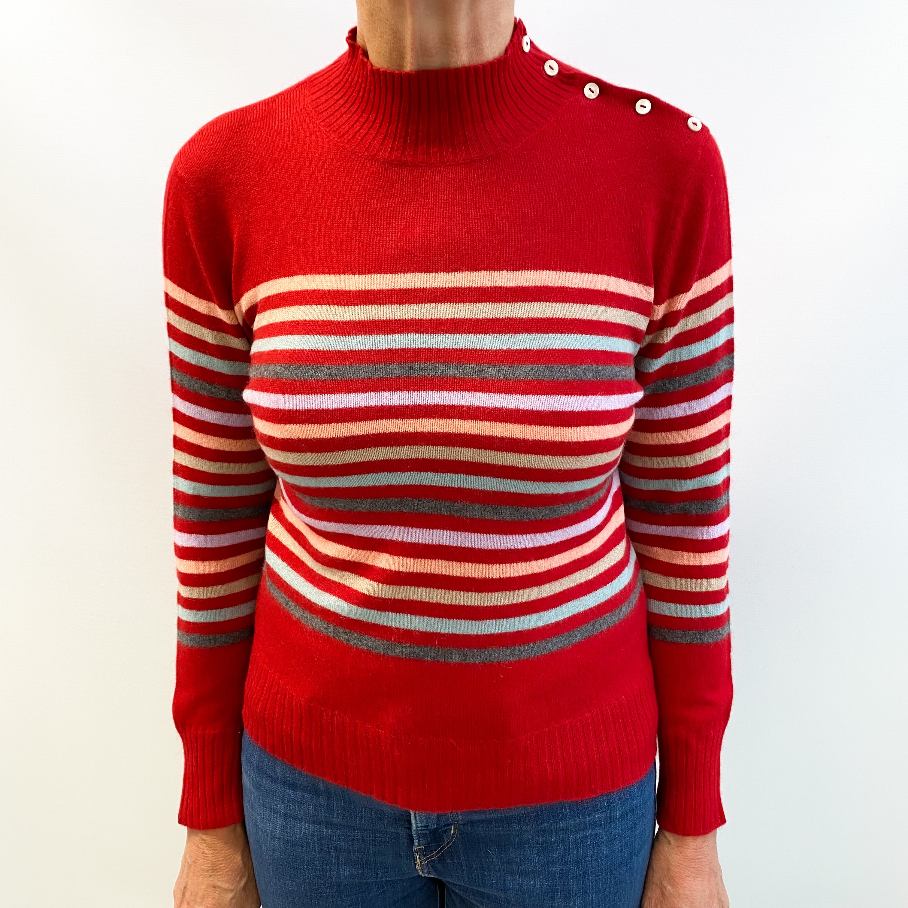 Scarlet Red Striped Cashmere Turtle Neck Jumper Medium