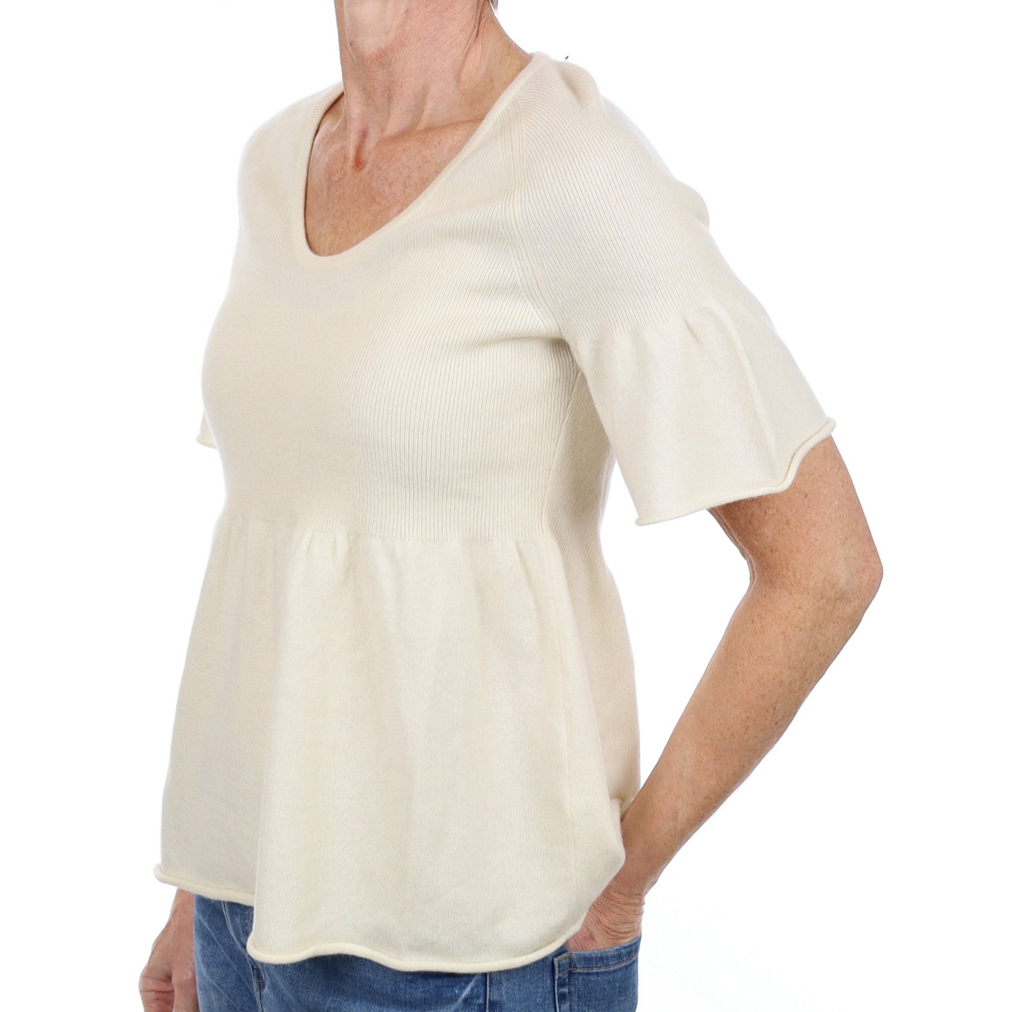 Vanilla Cream Cashmere Short Sleeved V Neck Jumper Small