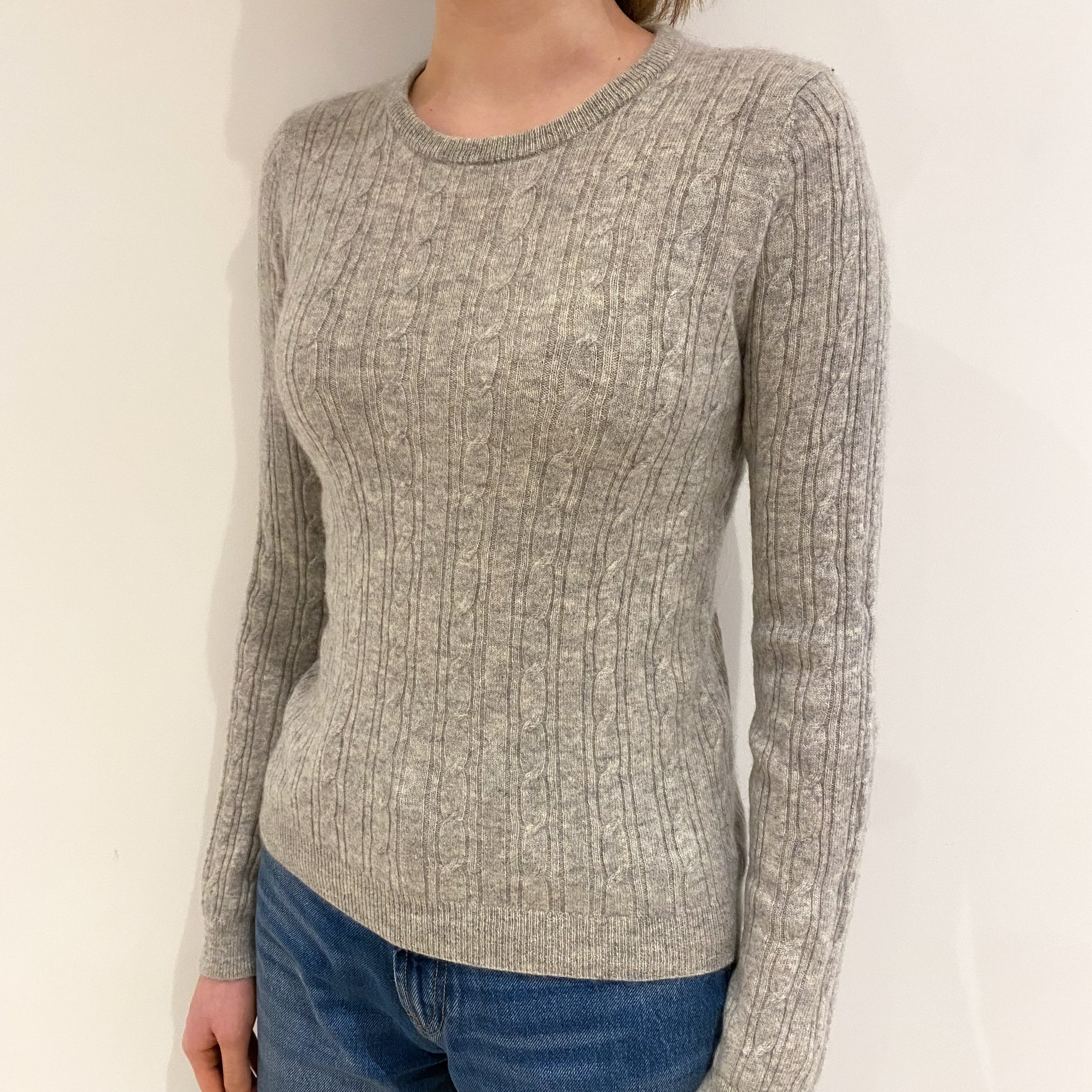 Smoke Grey Cable Cashmere Crew Neck Jumper Extra Small