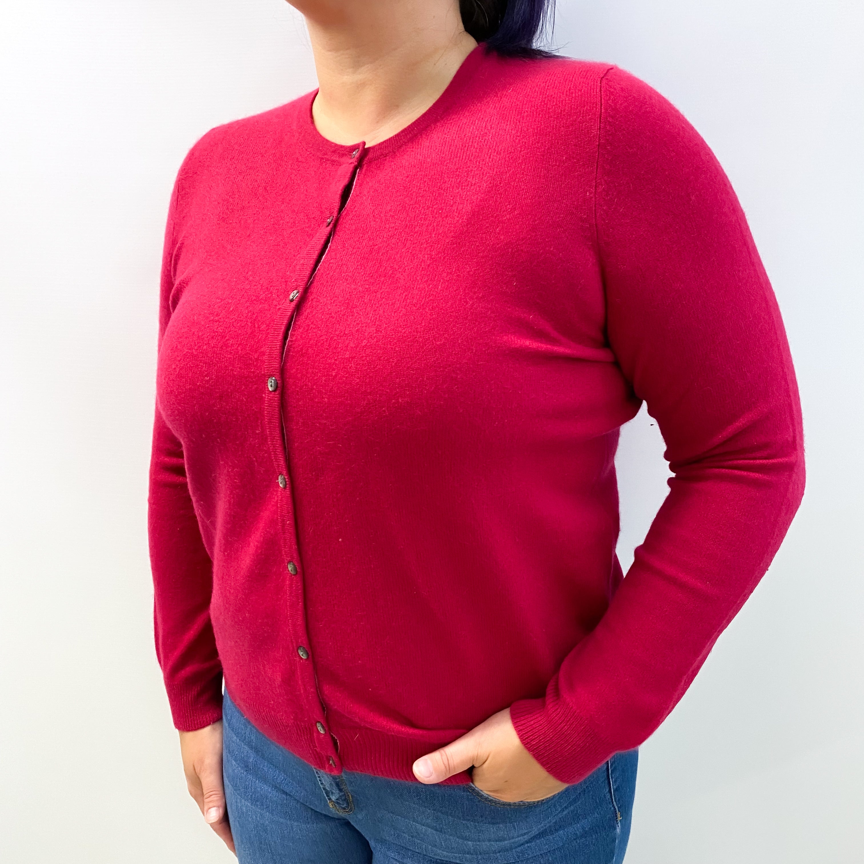 Cherry Red Cashmere Crew Neck Cardigan Large