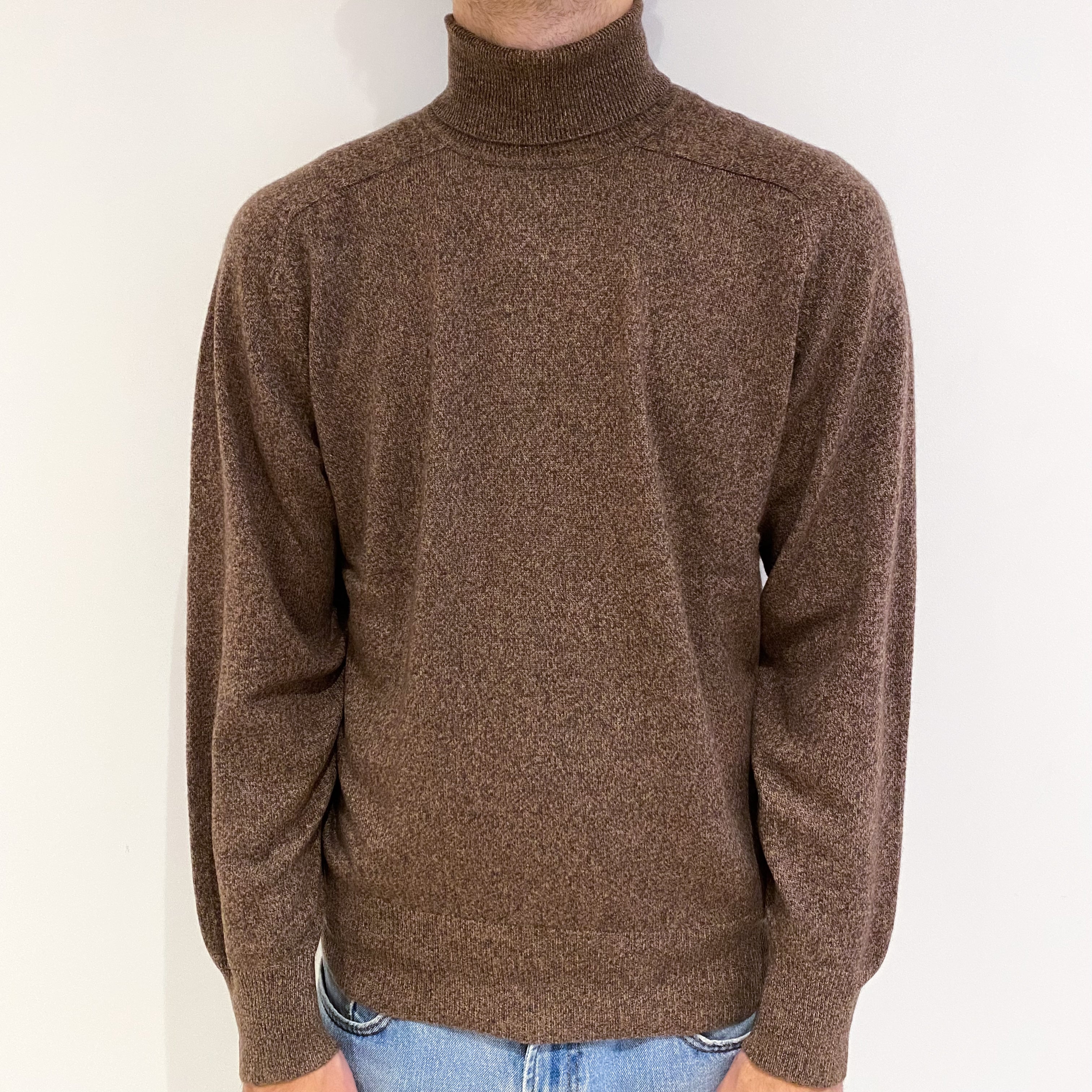 Men's Brown Marl Cashmere Polo Neck Jumper Large
