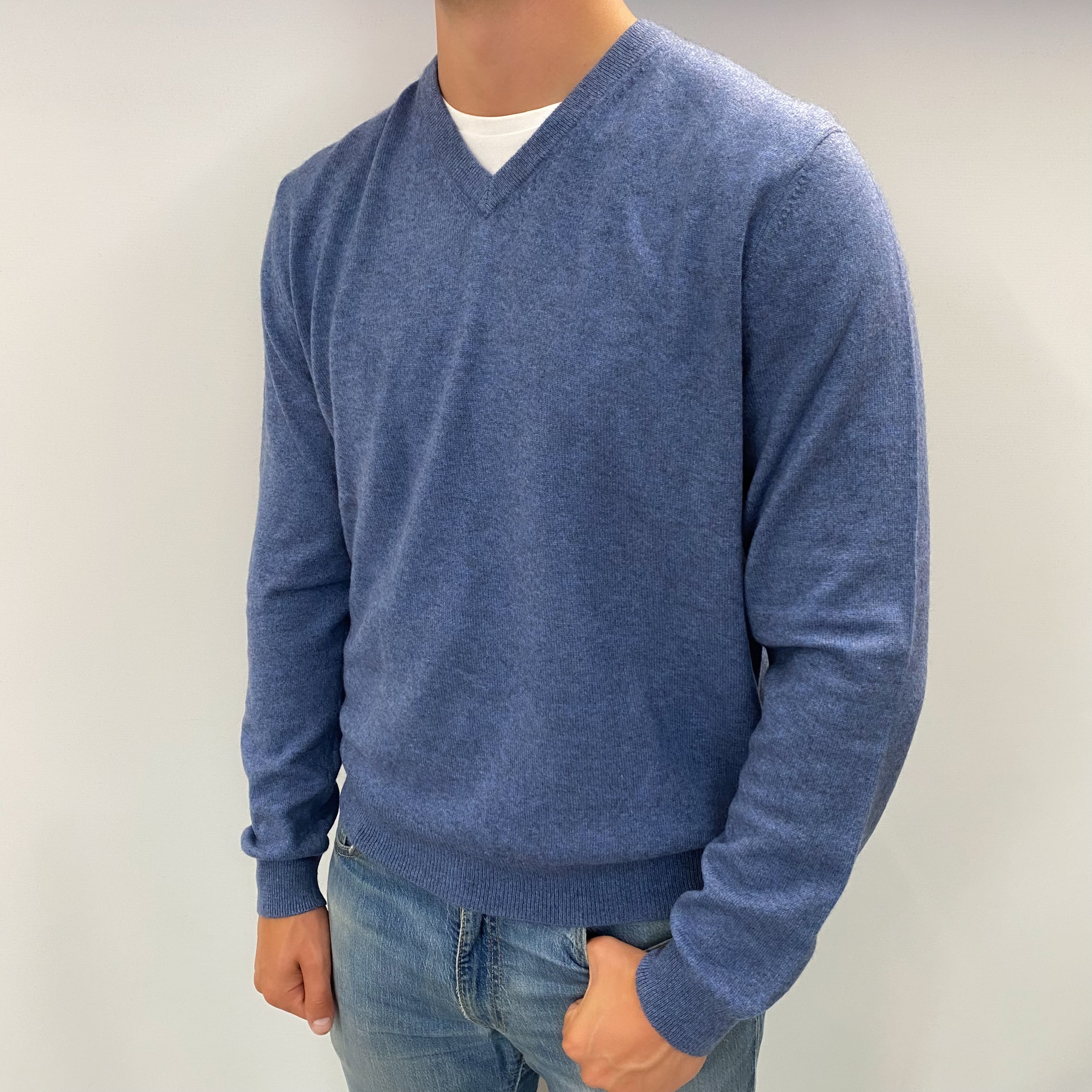 Men's Denim Blue Cashmere V Neck Jumper XL