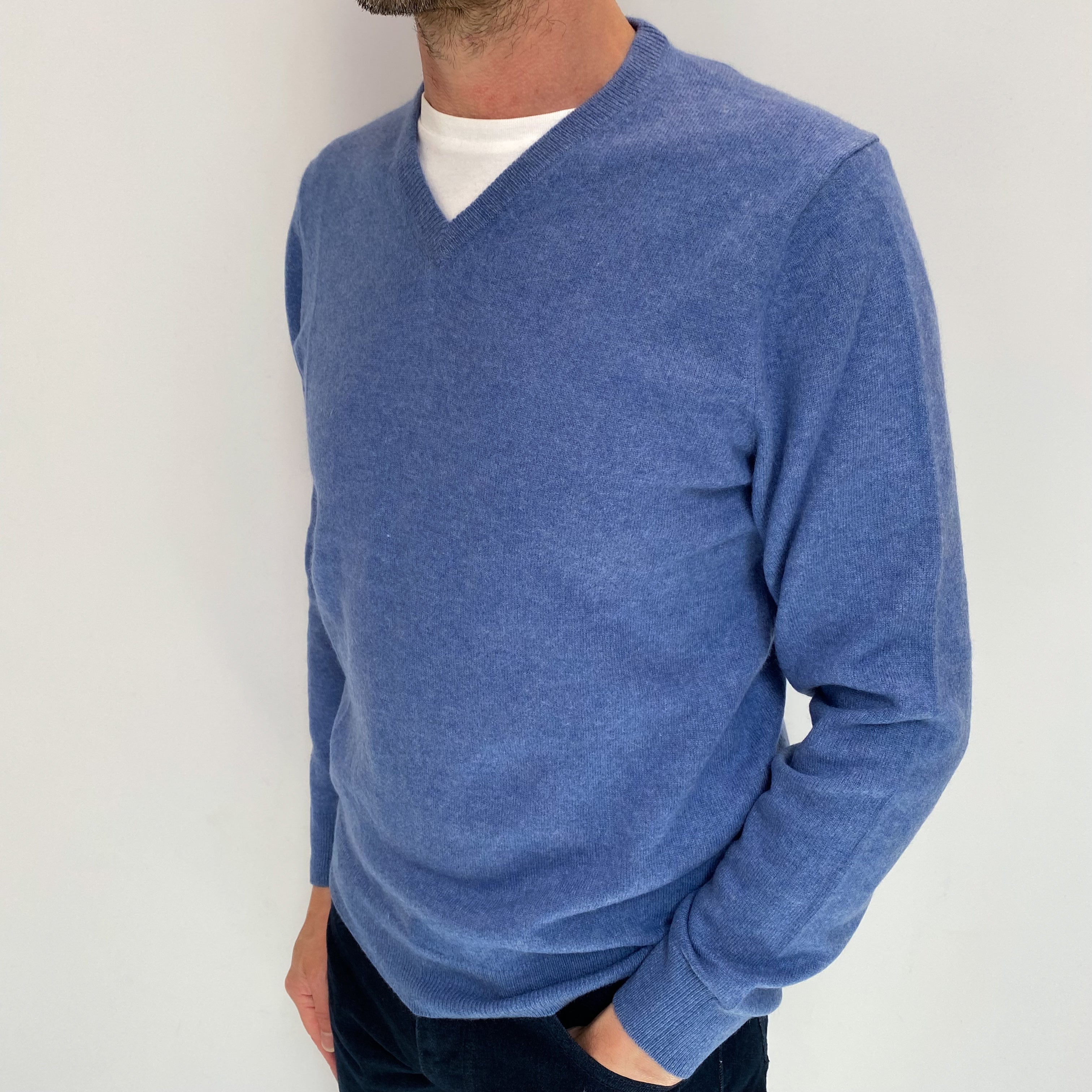 Men's Denim Blue Cashmere V Neck Jumper Small