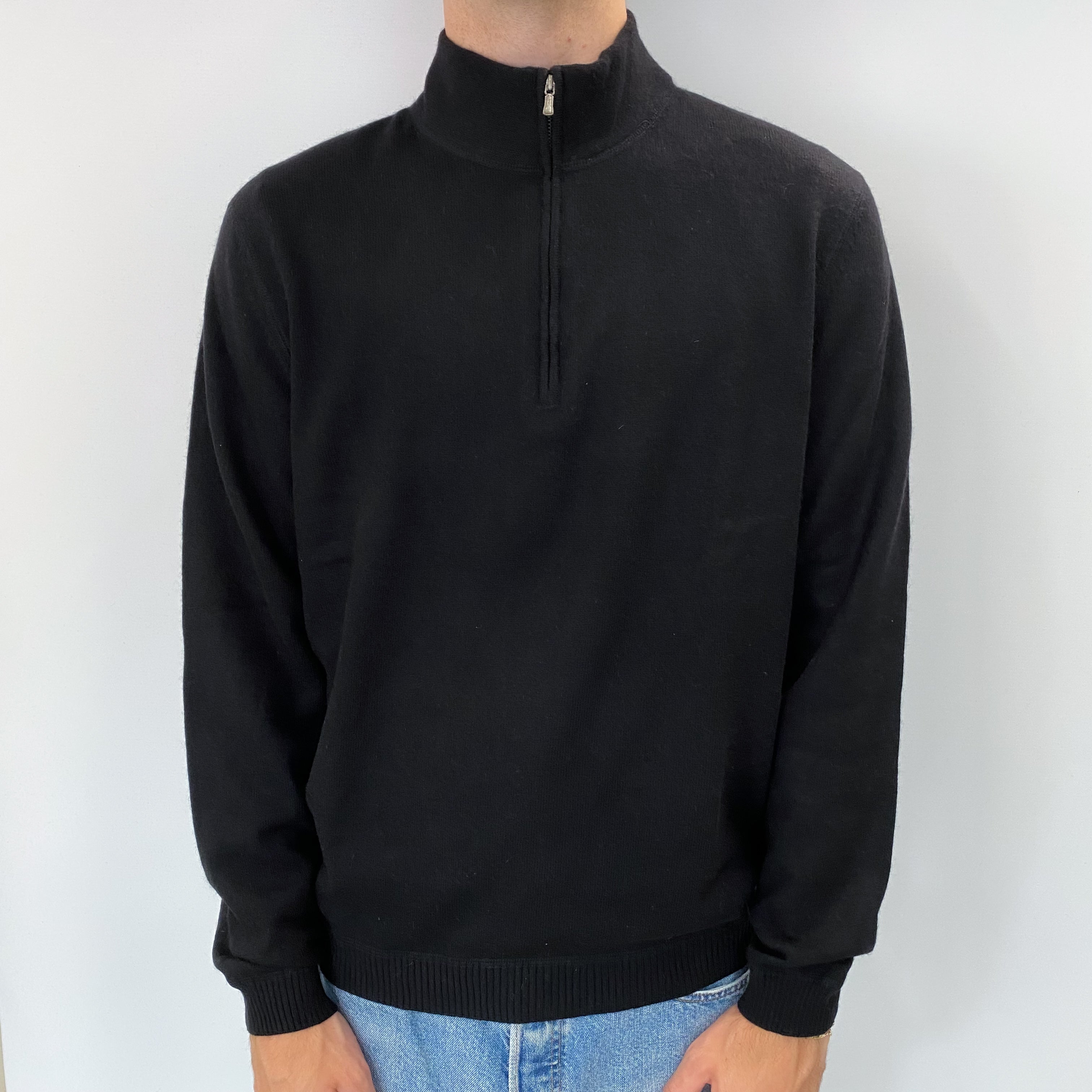 Men's Black Cashmere Quarter Zip Jumper Large