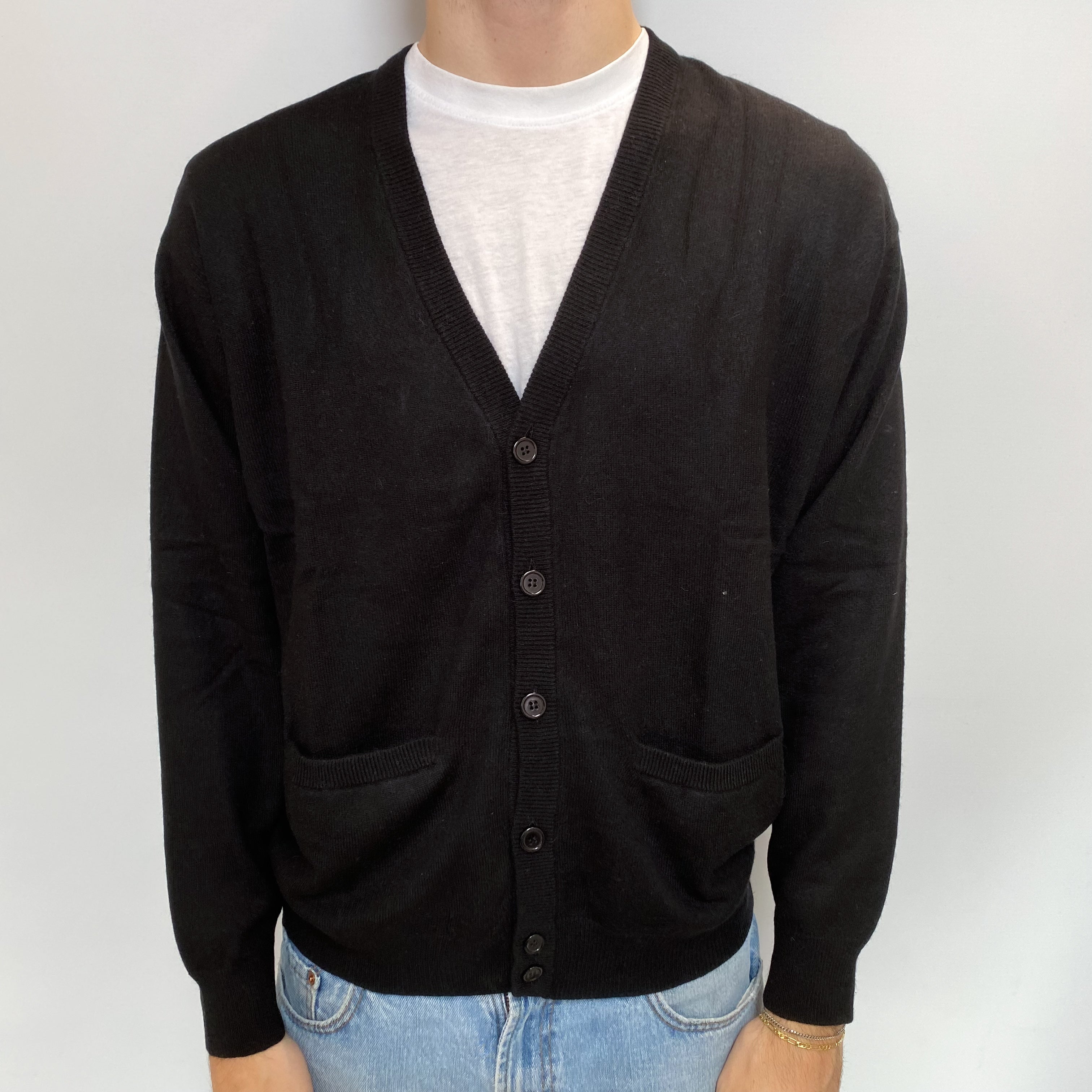 Men's Black Cashmere V Neck Cardigan  Medium