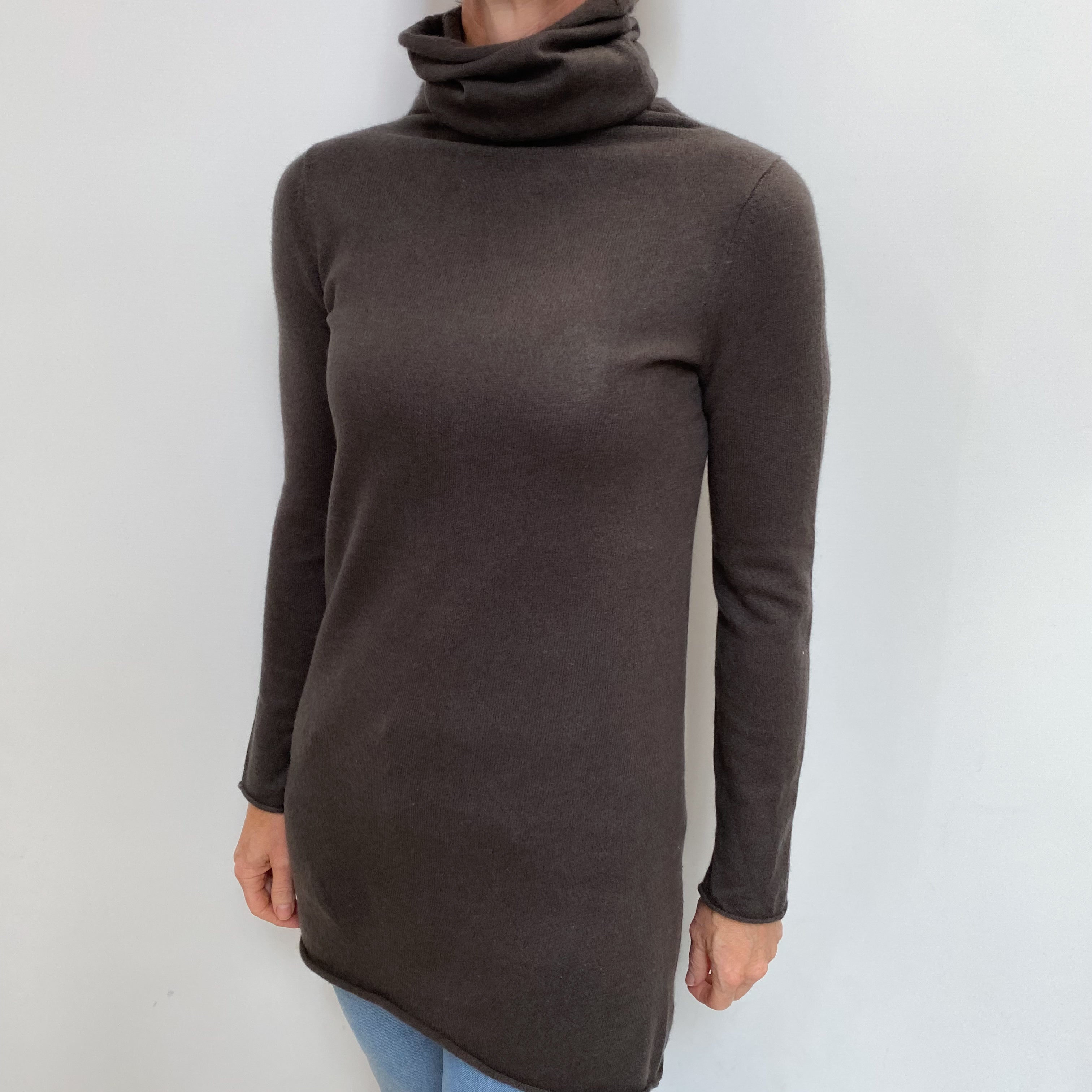 Mole Brown Cashmere Deep Funnel Neck Jumper Small