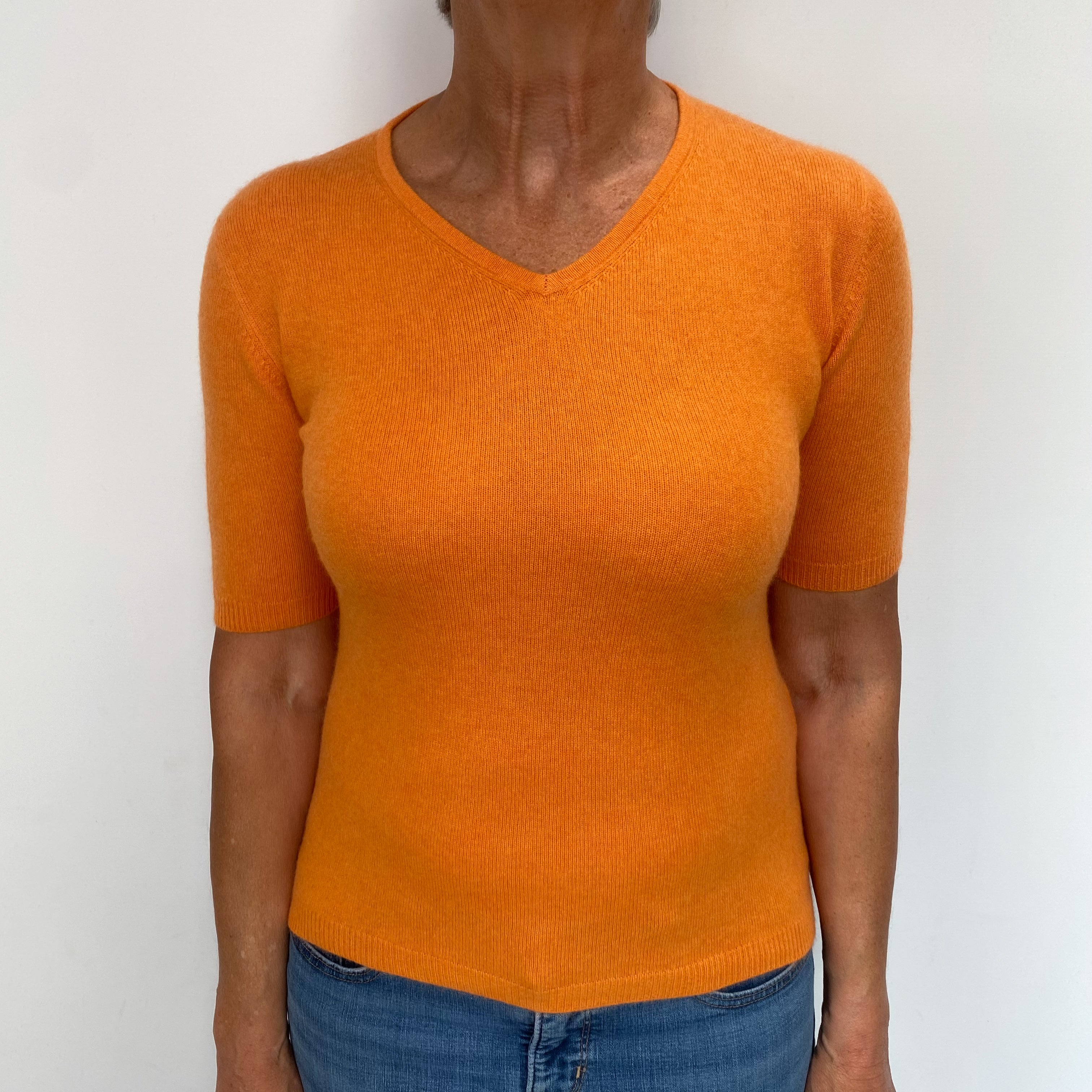 Tangerine Orange Cashmere V Neck Short Sleeved Jumper Medium