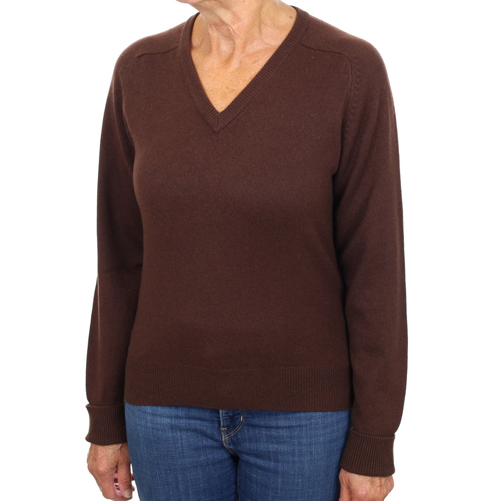 Dark Chocolate Brown Cashmere V Neck Jumper Medium