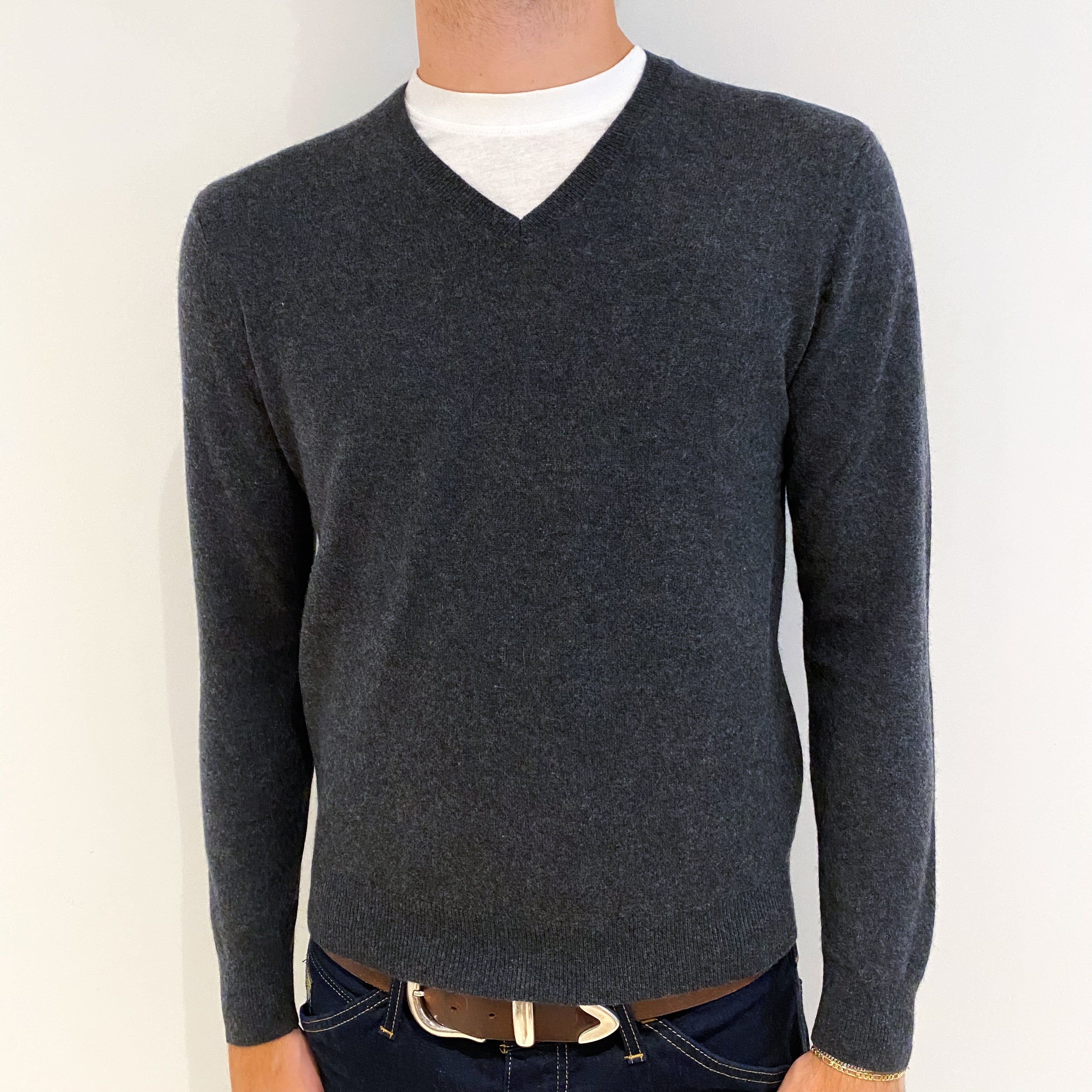 Men's Dark Slate Grey Cashmere V-Neck Jumper Medium