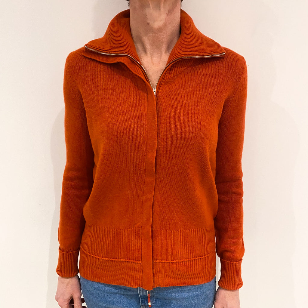 Pumpkin Orange Heavy Knit Cashmere Zip Up Cardigan Small