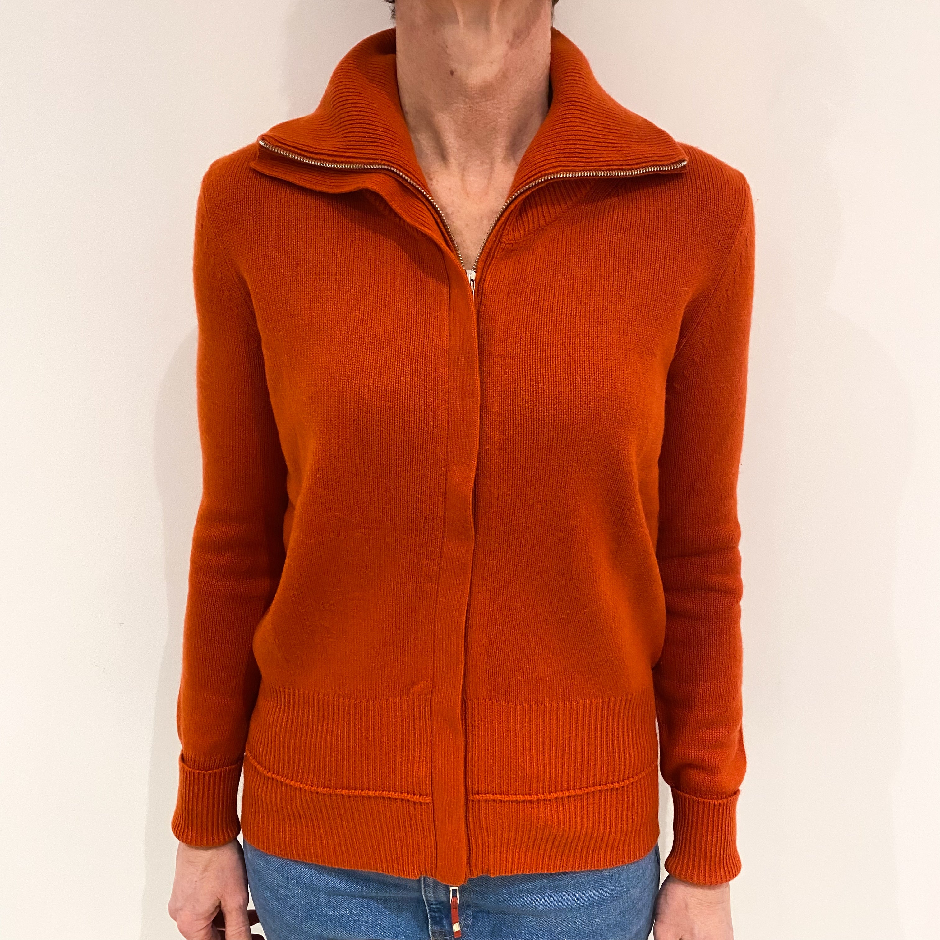 Pumpkin Orange Heavy Knit Cashmere Zip Up Cardigan Small
