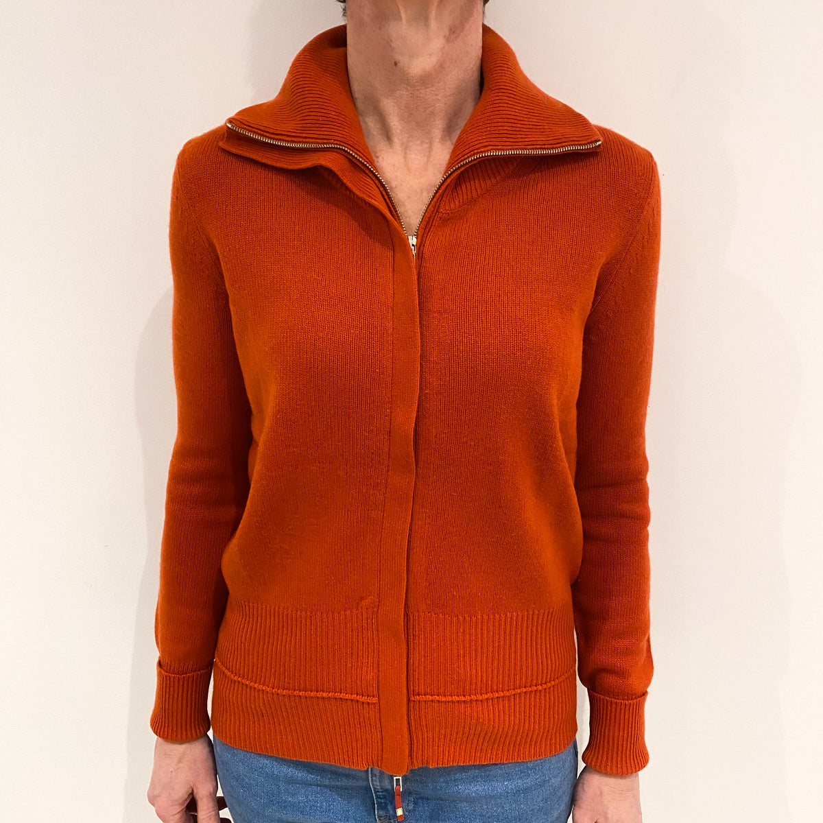 Pumpkin Orange Heavy Knit Cashmere Zip Up Cardigan Small