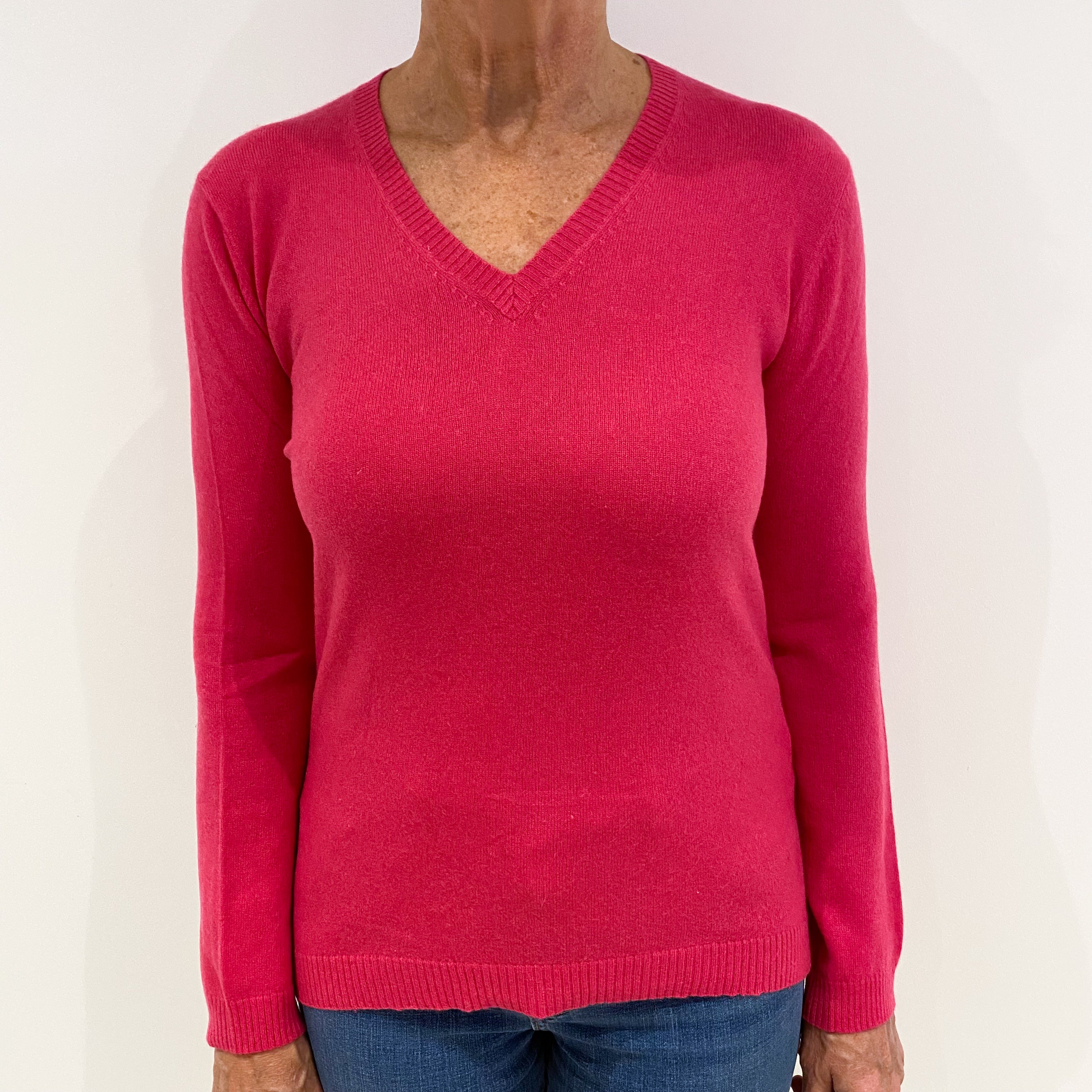 Fuchsia Pink Cashmere V-Neck Jumper Medium