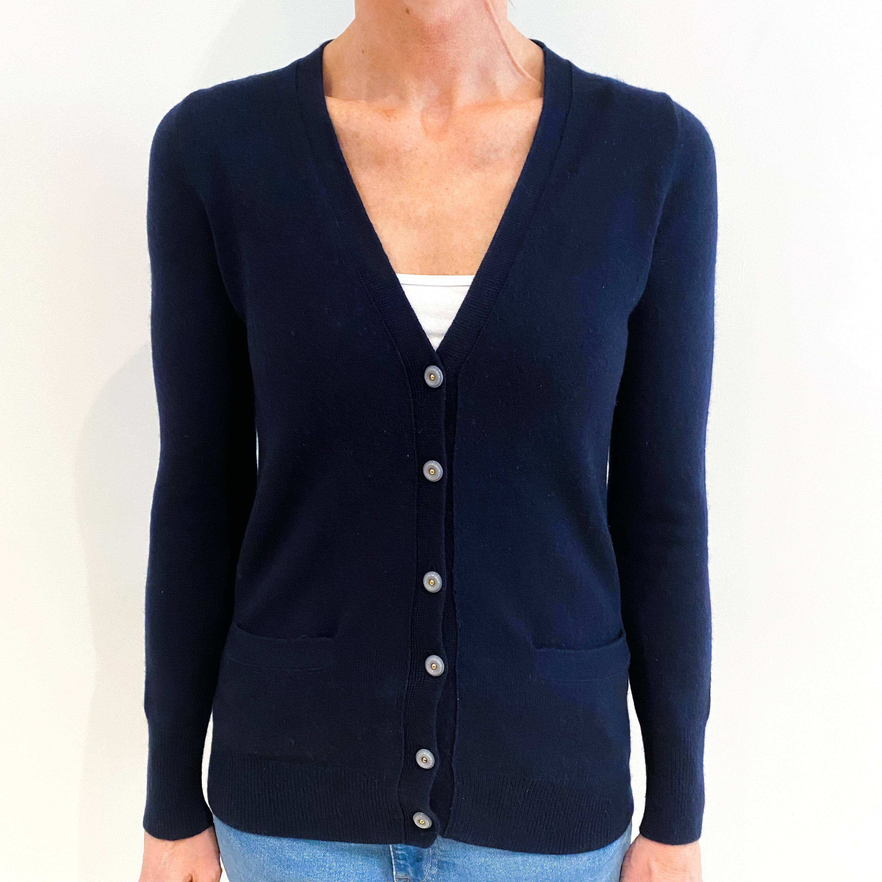 Navy Blue Cashmere V Neck Cardigan with Pockets Small