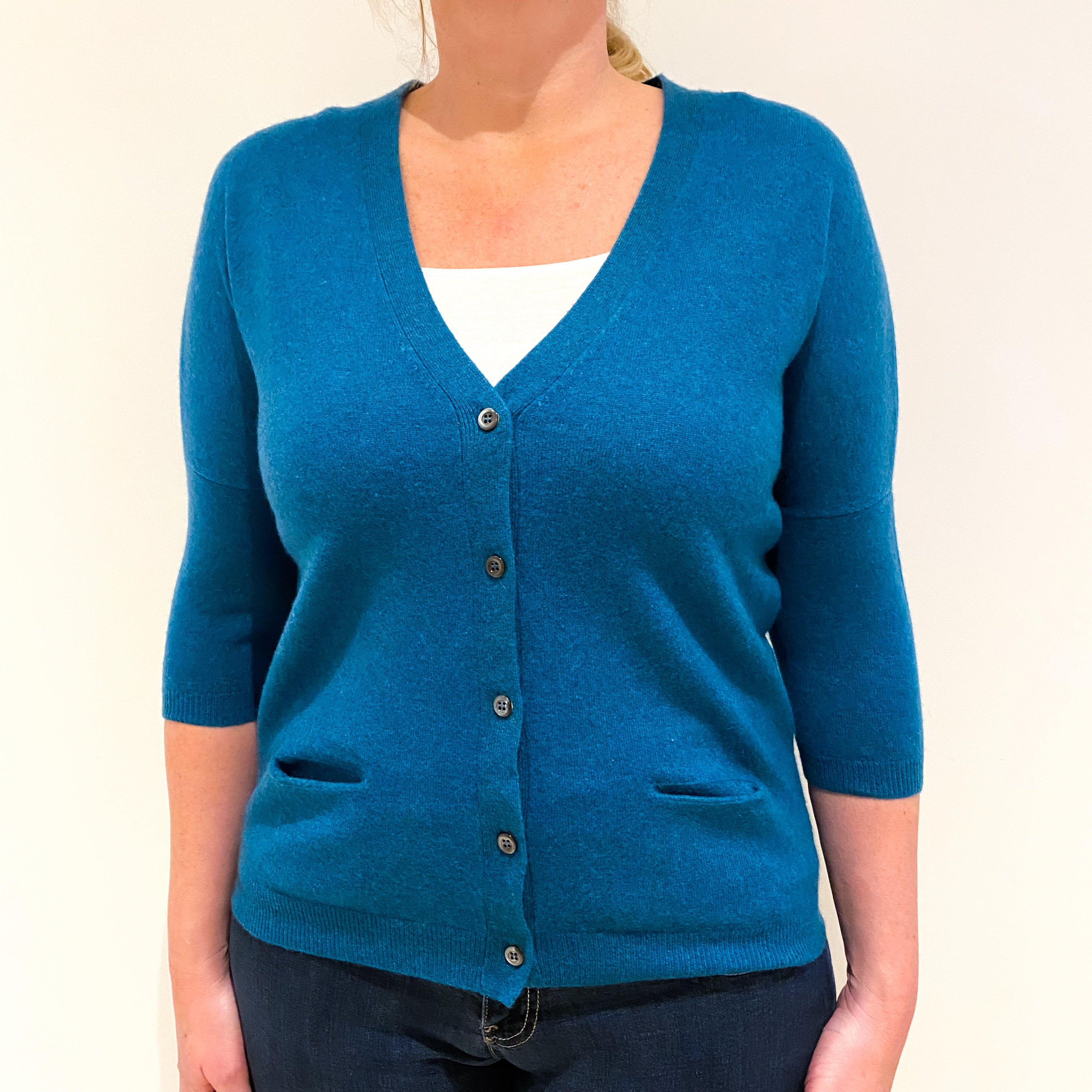 Teal Blue 3/4 Sleeved Cashmere V-Neck Cardigan Large