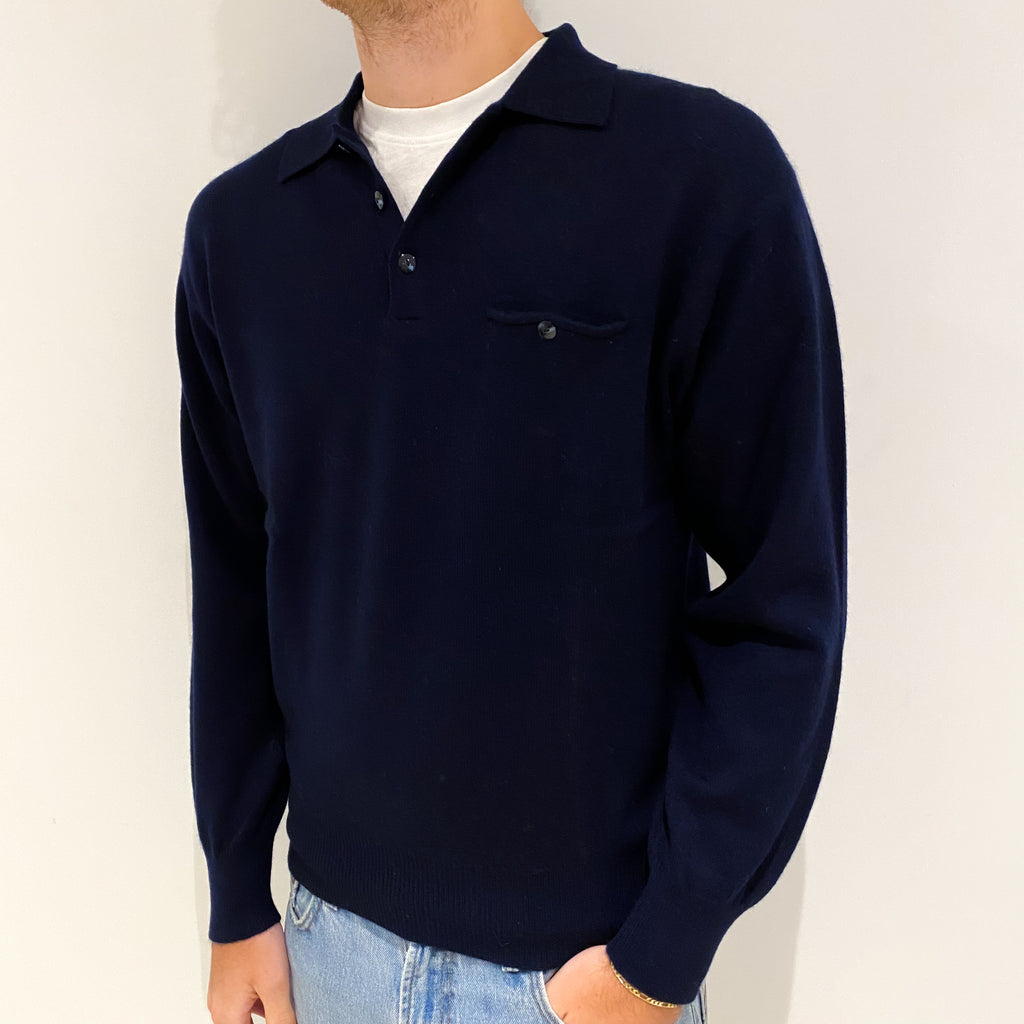 Men's Navy Blue Cashmere Button Collar Jumper Large