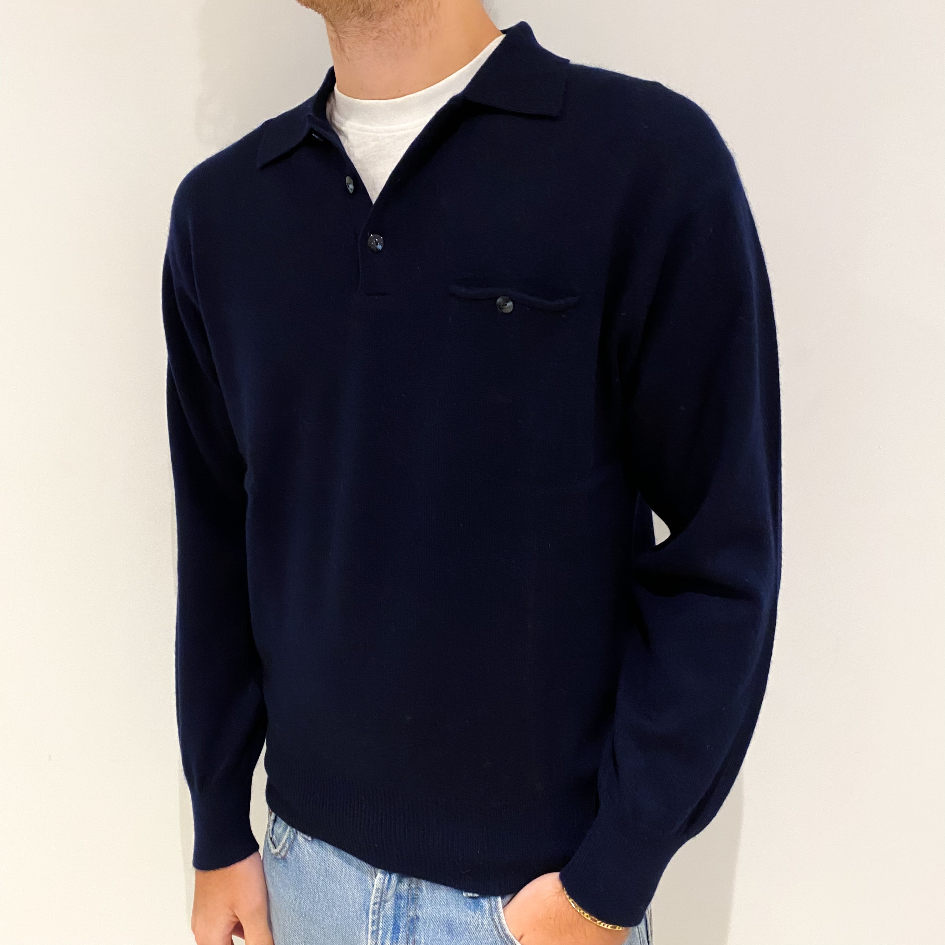 Men's Navy Blue Cashmere Button Collar Jumper Large