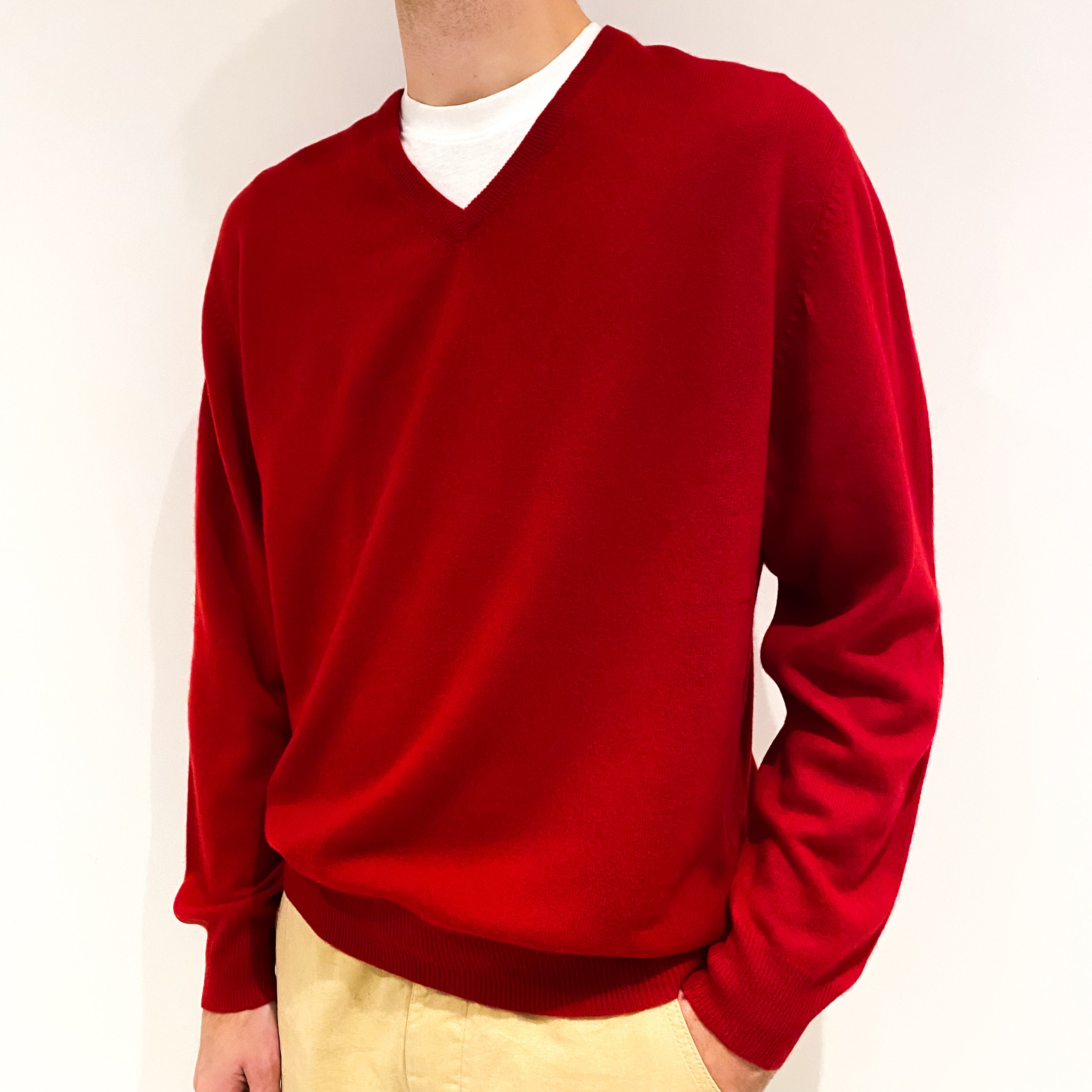 Men's Post Box Red Cashmere V-Neck Jumper Large