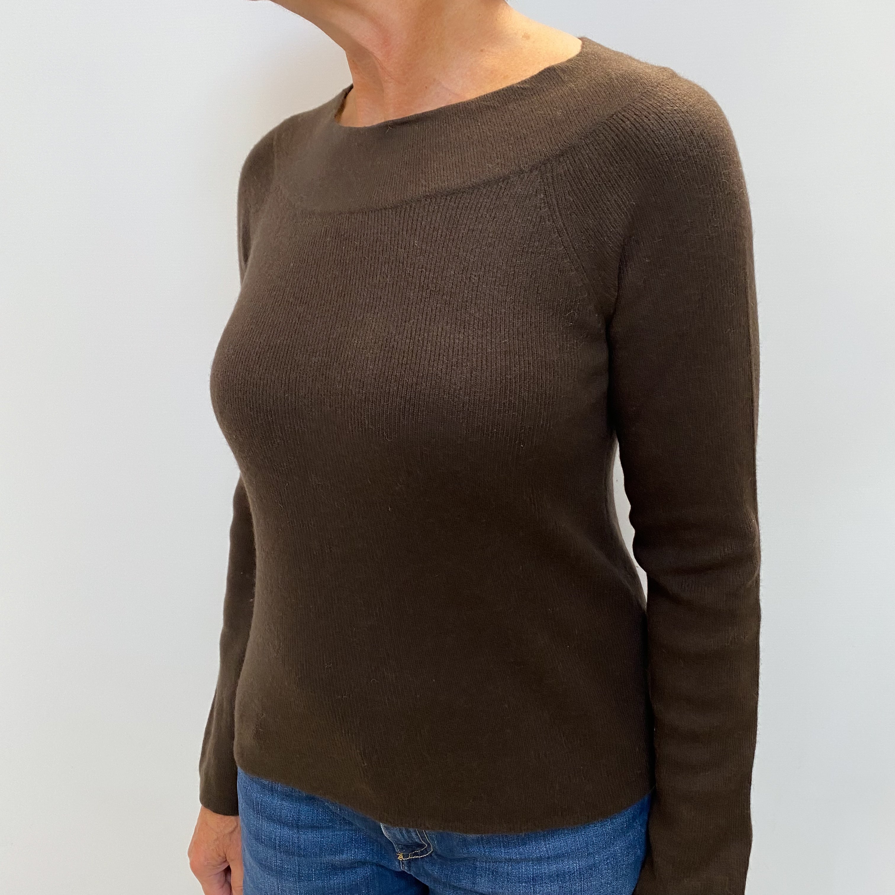 Peppercorn Brown Cashmere Crew Neck Ribbed Knit Jumper Medium