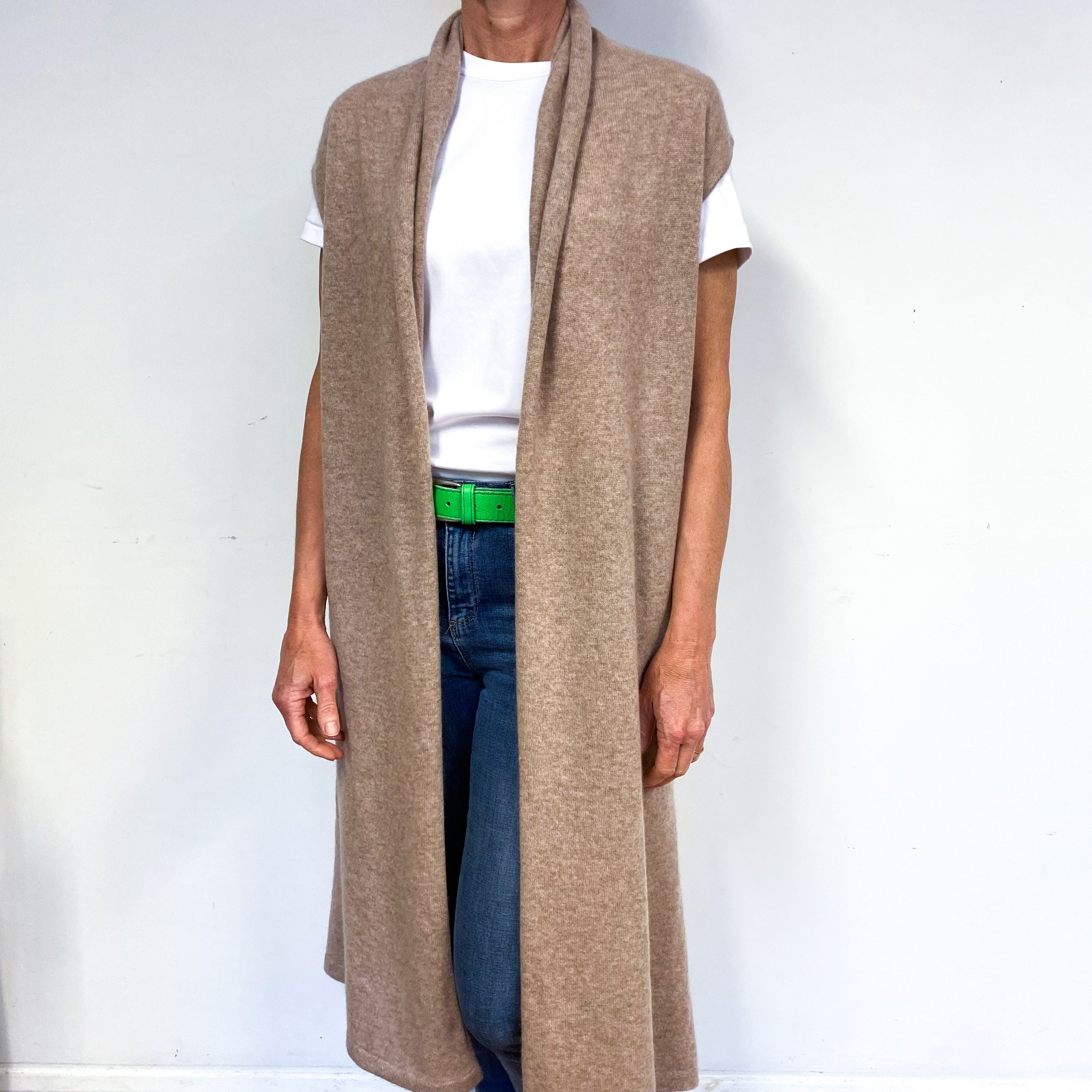Fudge Brown Sleeveless Cashmere Edge to Edge Cardigan Medium