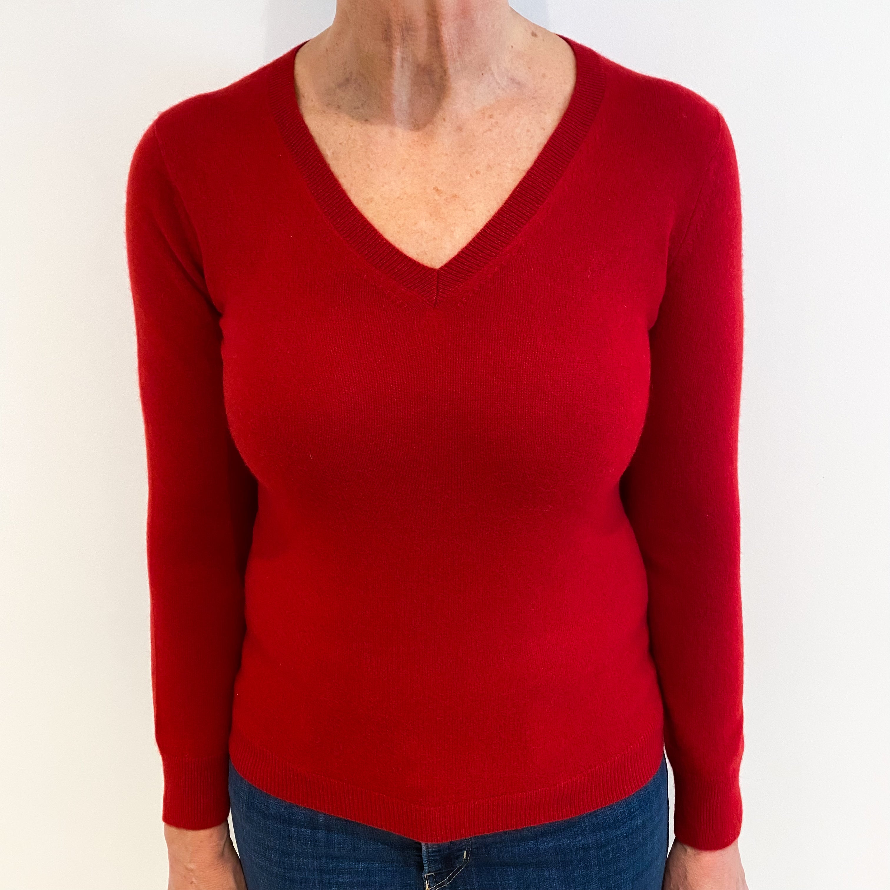 Post Box Red Cashmere V Neck Jumper Medium