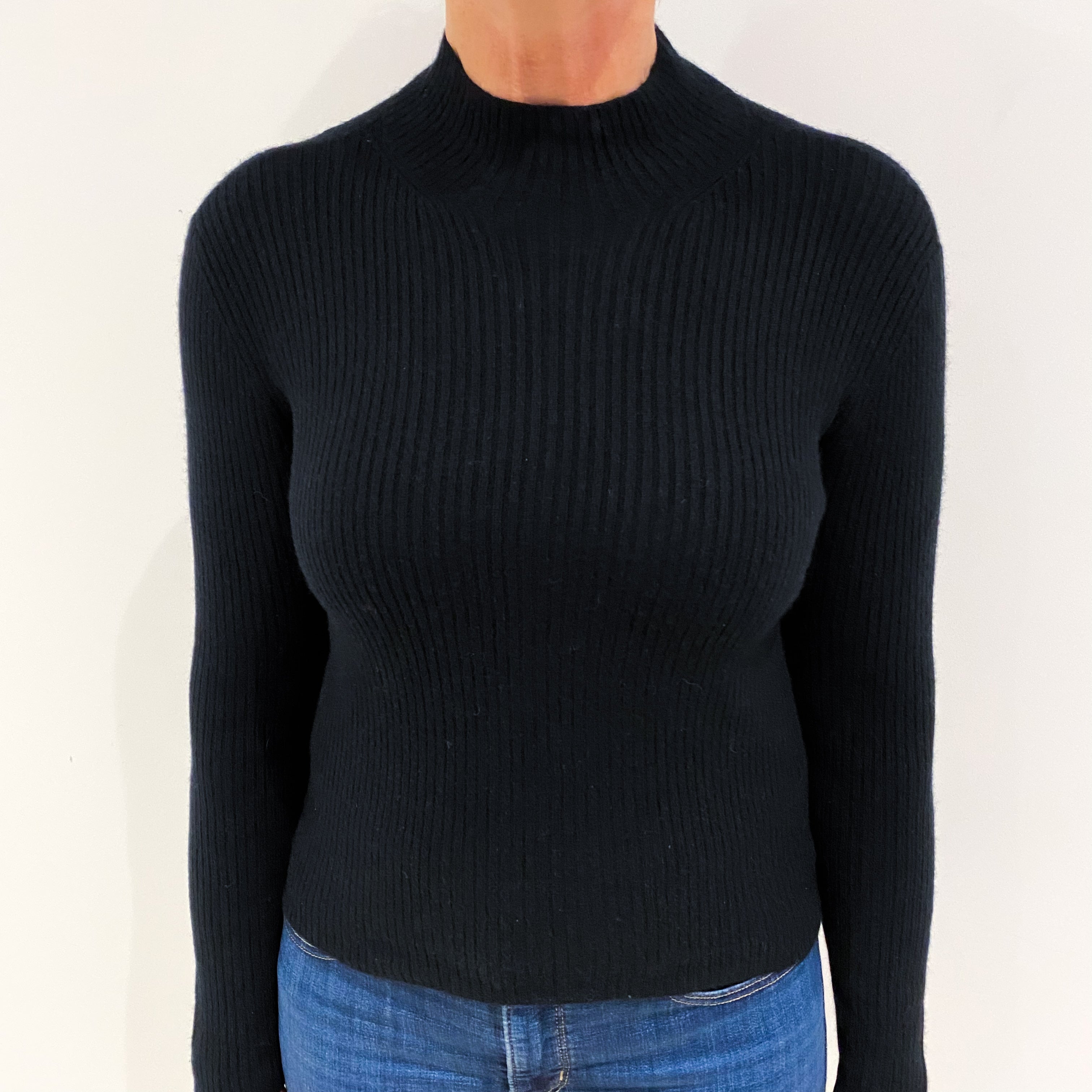 Black Skinny Rib Cashmere Funnel Neck Jumper Medium