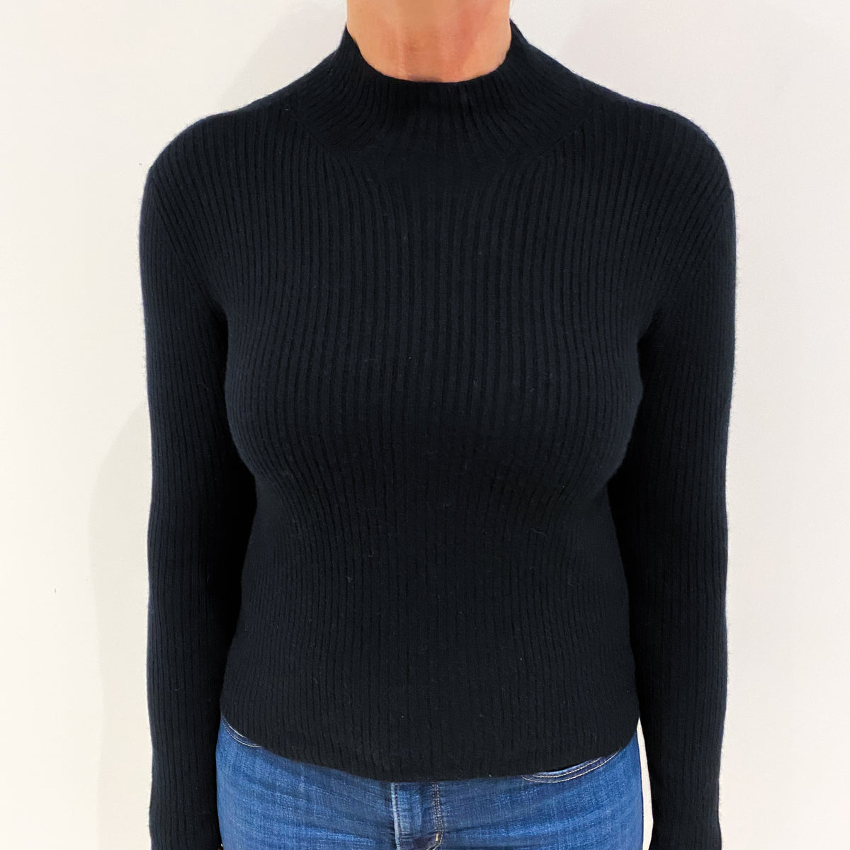 Black Skinny Rib Cashmere Funnel Neck Jumper Medium