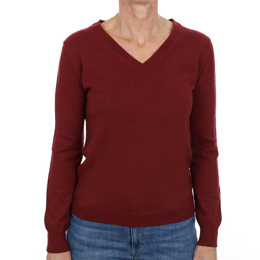 Wine Red Cashmere V Neck Jumper Small