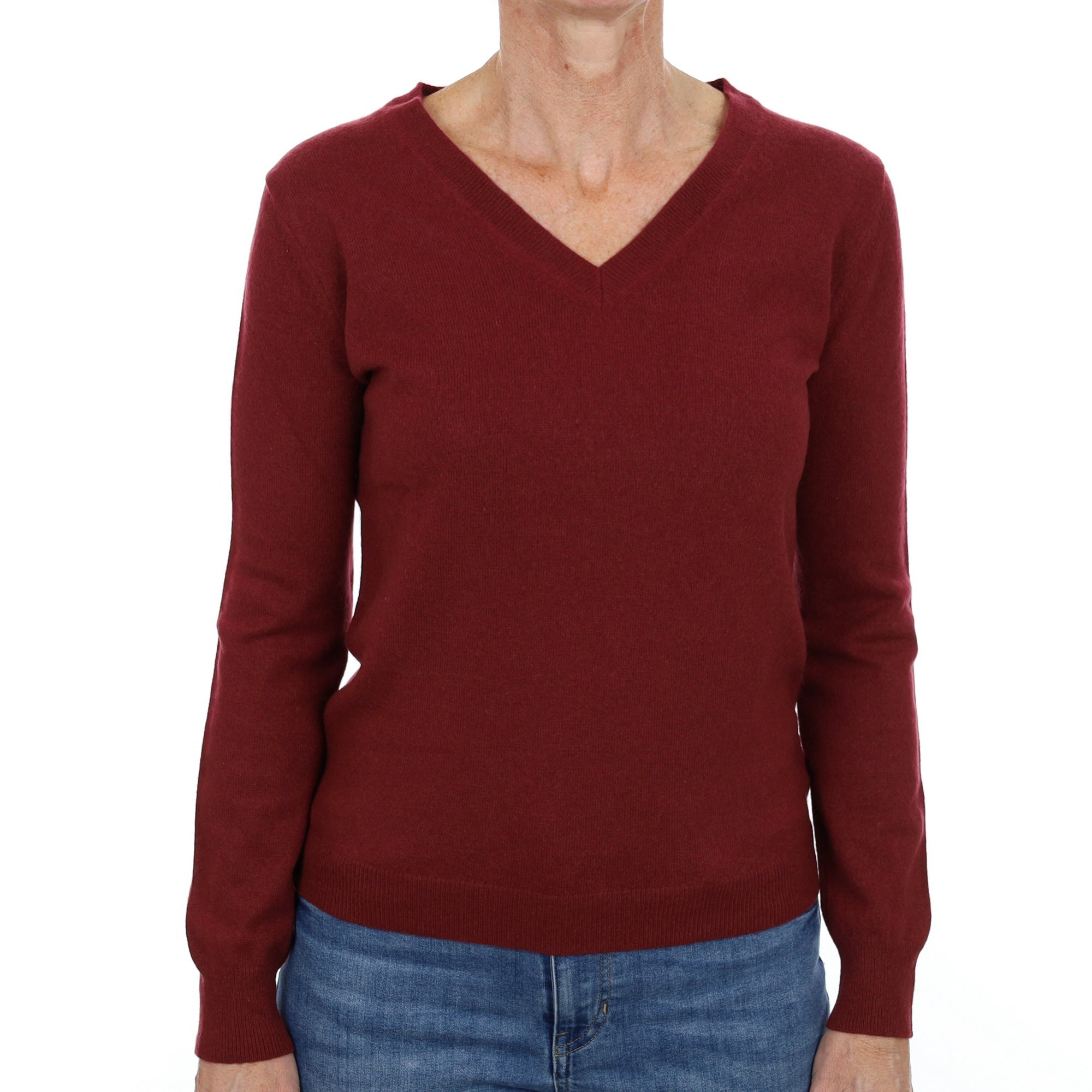 Wine Red Cashmere V Neck Jumper Small