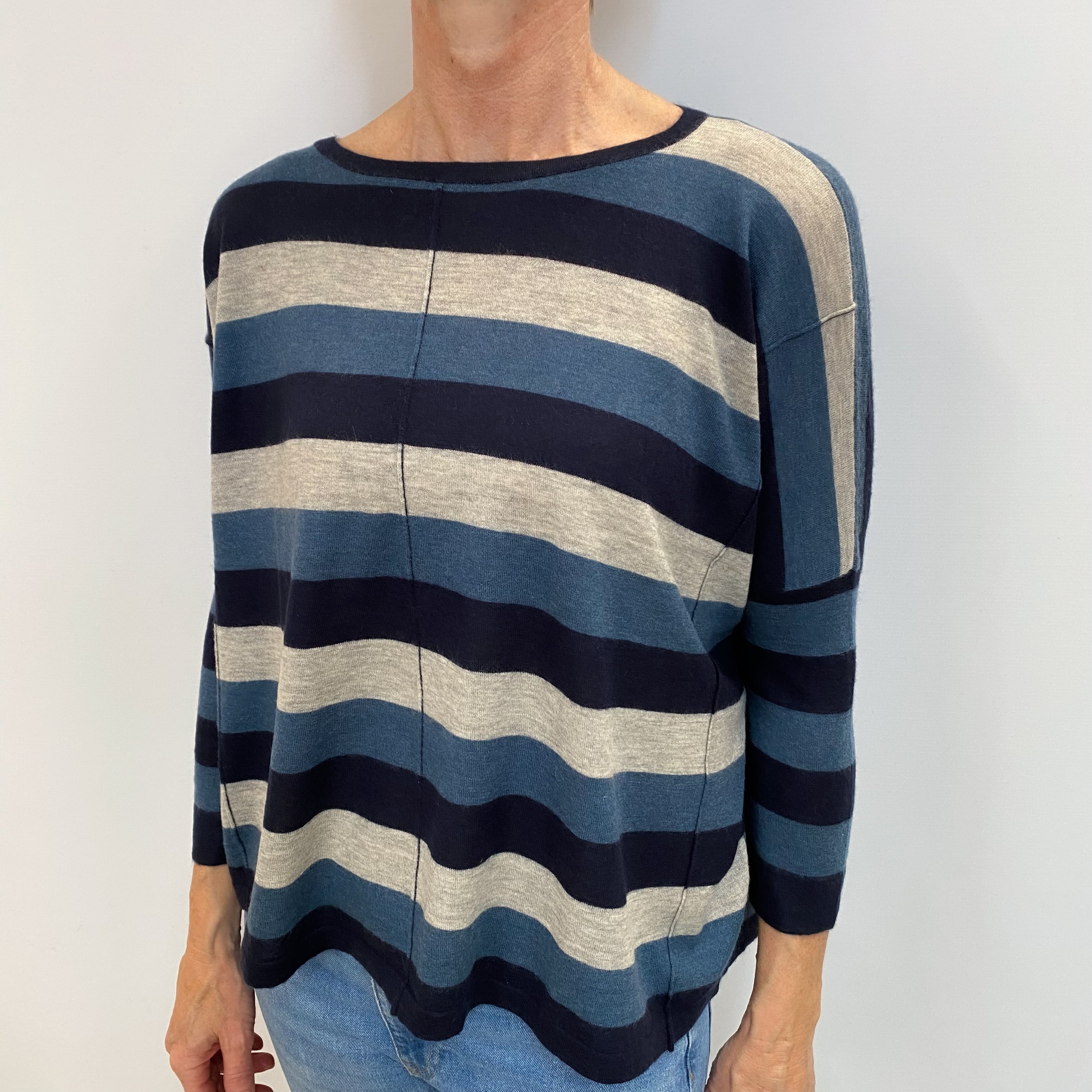 Blue Striped Cashmere Crew Neck Jumper Small