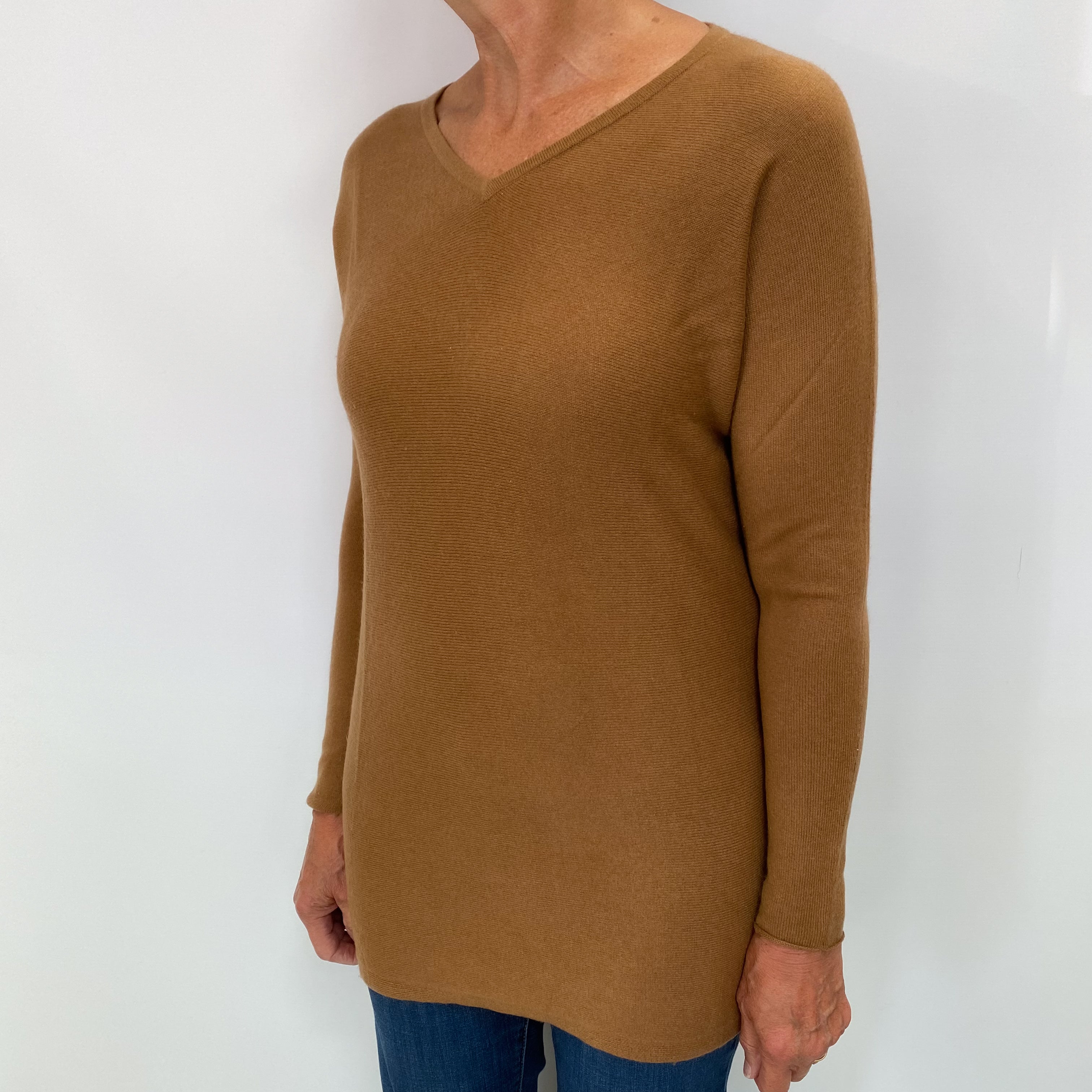 Tan Brown Cashmere V Neck Longline Jumper Medium