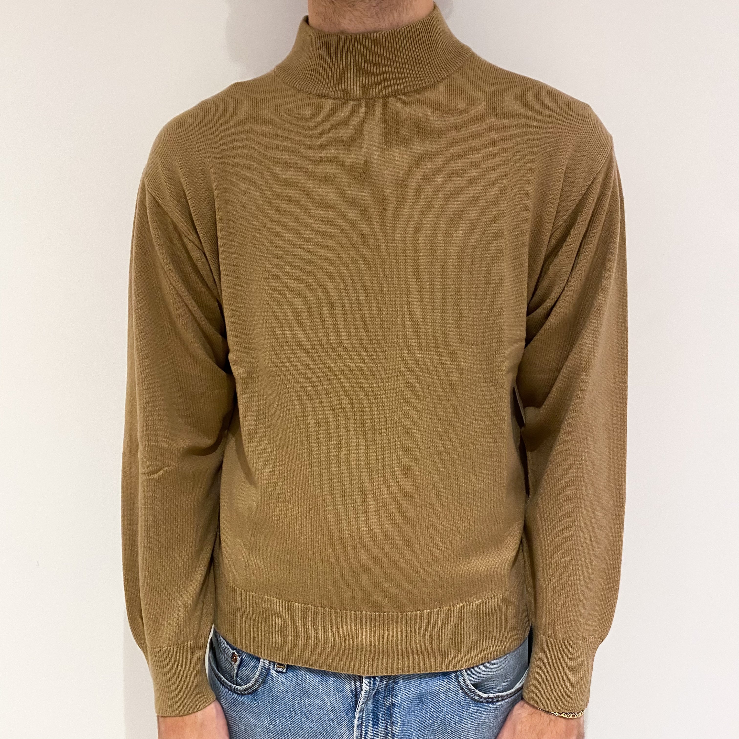 Men's Toffee Brown Cashmere Turtle Neck Jumper Large