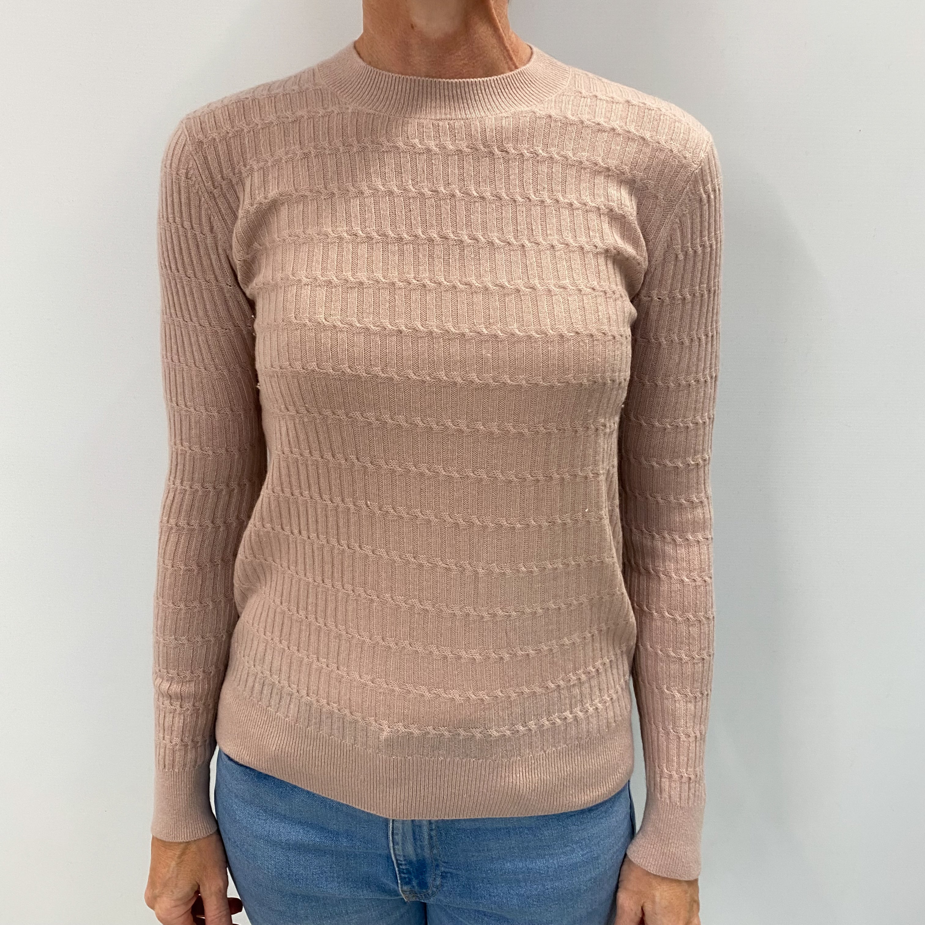 Dusky Pink Textured Cashmere Crew Neck Jumper Small