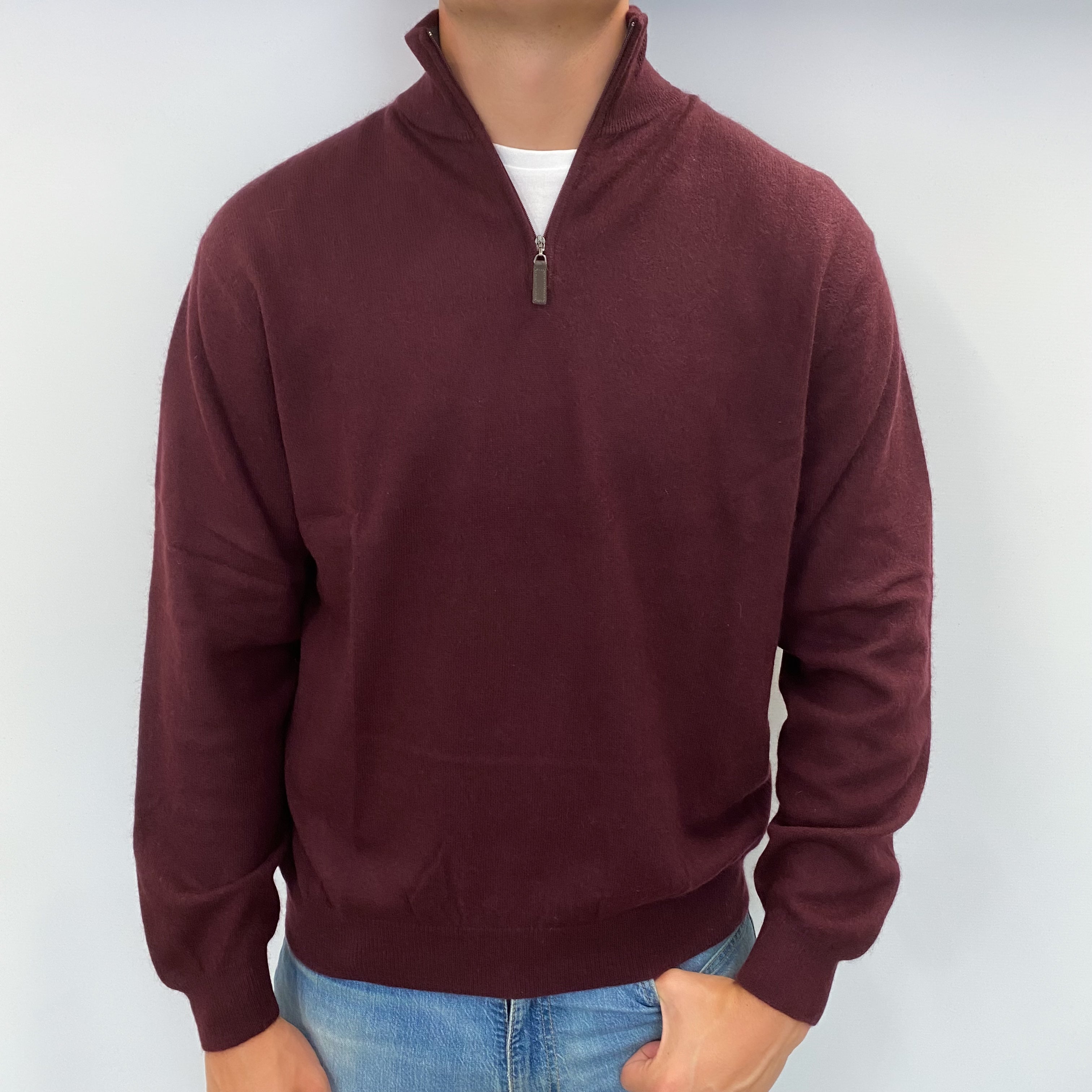 Men's Mulberry Purple Cashmere 1/4 Zip V Neck Jumper XL