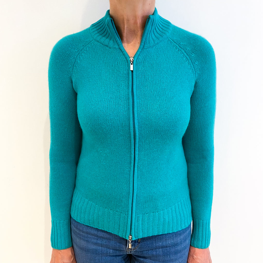 Seaweed Green Cashmere Turtle Neck Zip Up Cardigan Medium
