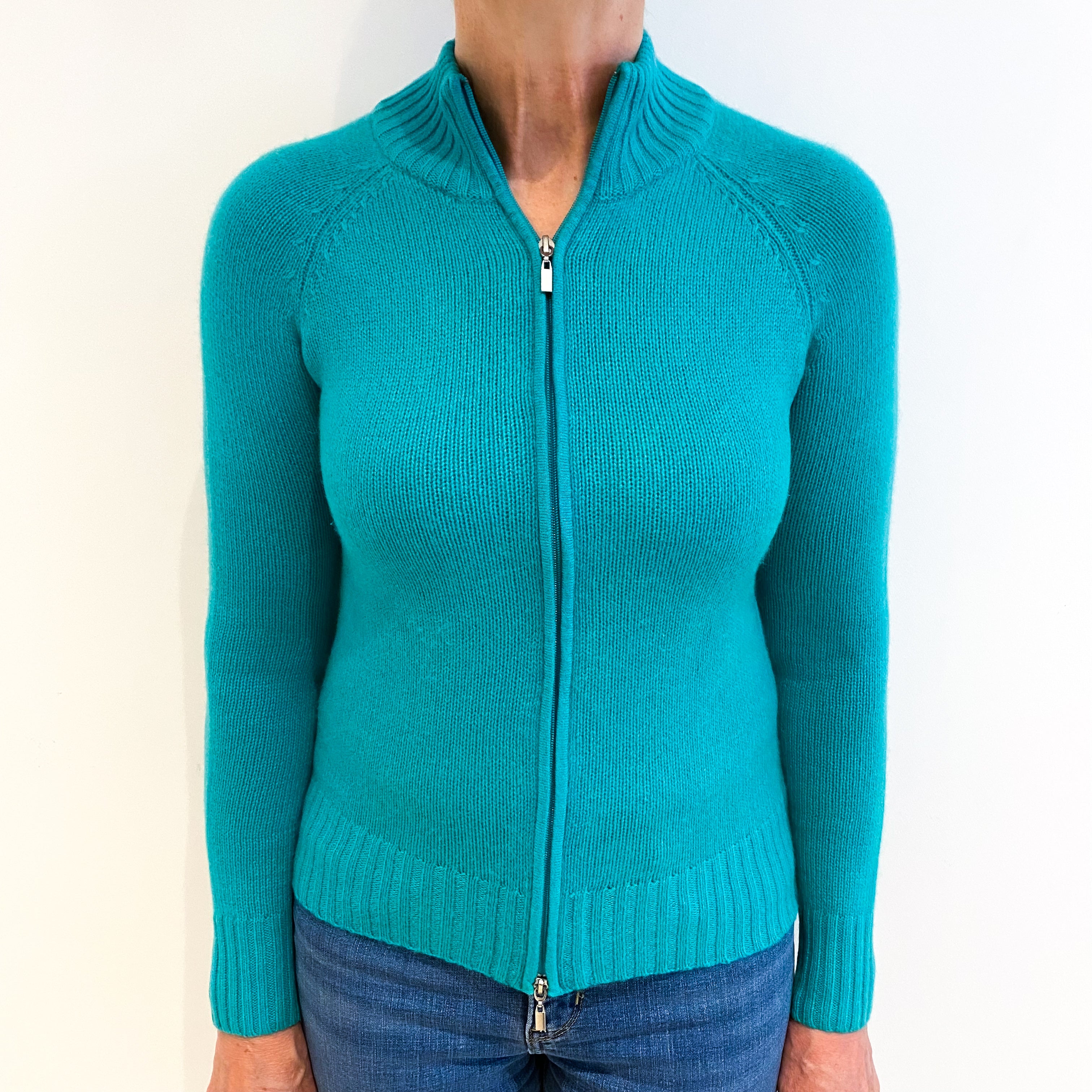 Seaweed Green Cashmere Turtle Neck Zip Up Cardigan Medium