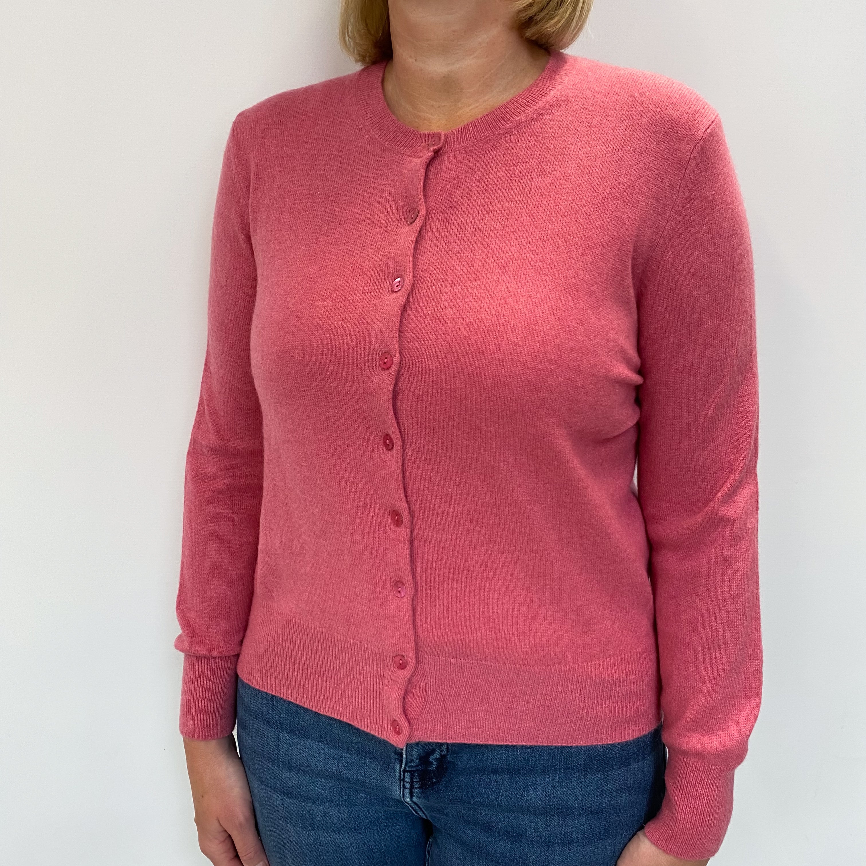 Loganberry Pink Cashmere Crew Neck Cardigan Large