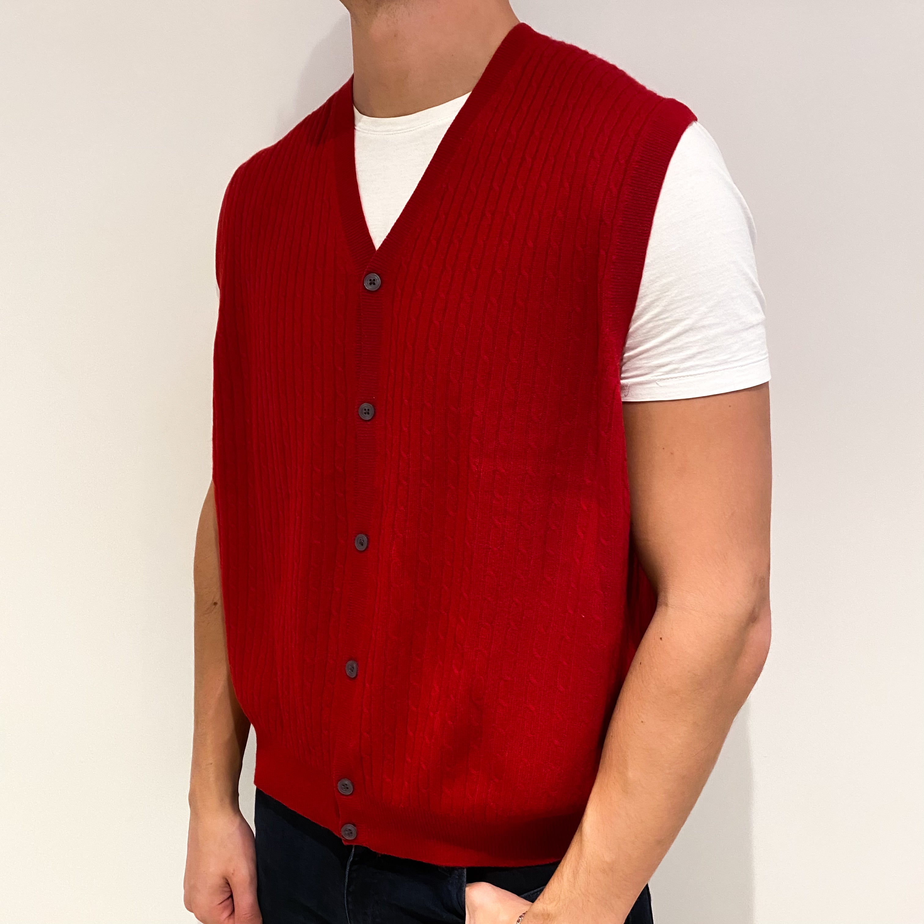 Men's Berry Red Cable Cashmere V-Neck Waist Coat Extra Extra Large